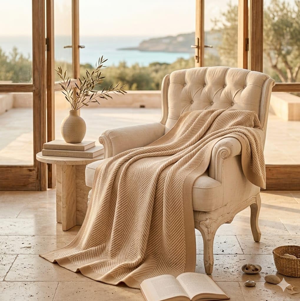 Plaid 130x170 cm BOSALONI HOME Premium Collection, Coperta Elegante a Spina di Pesce per Divano e Letto, Morbida e Calda in Pile Flanella, Design Moderno Raffinato (Beige e Bianco)