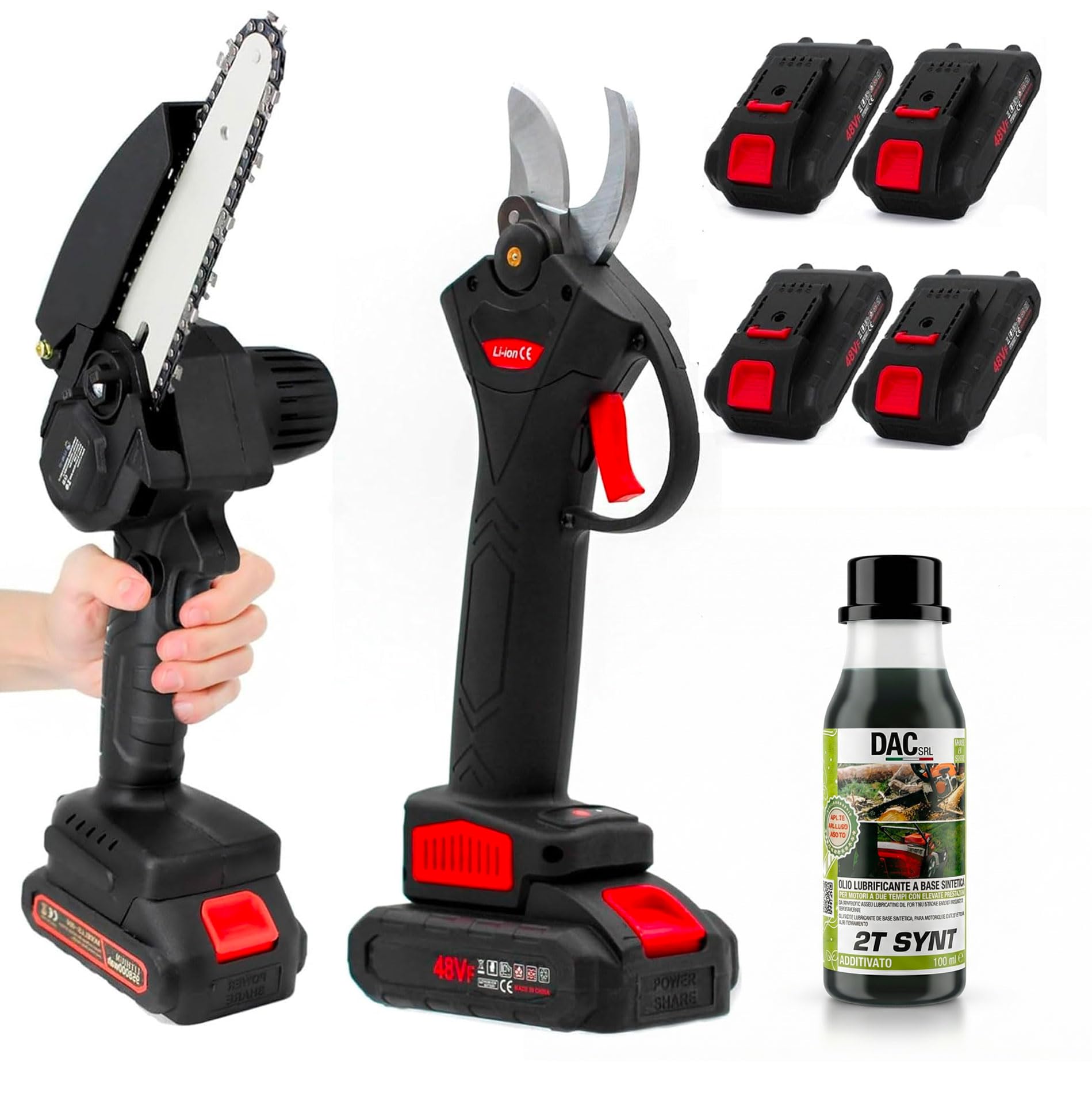 081 Store - Set da Potatura 48V Con Forbici e Motosega 6 Pollici + 4 Batterie + 1 bottiglia di olio lubrificante, Garanzia 2 Anni, 4 Batterie e Valigette, Assistenza Immediata