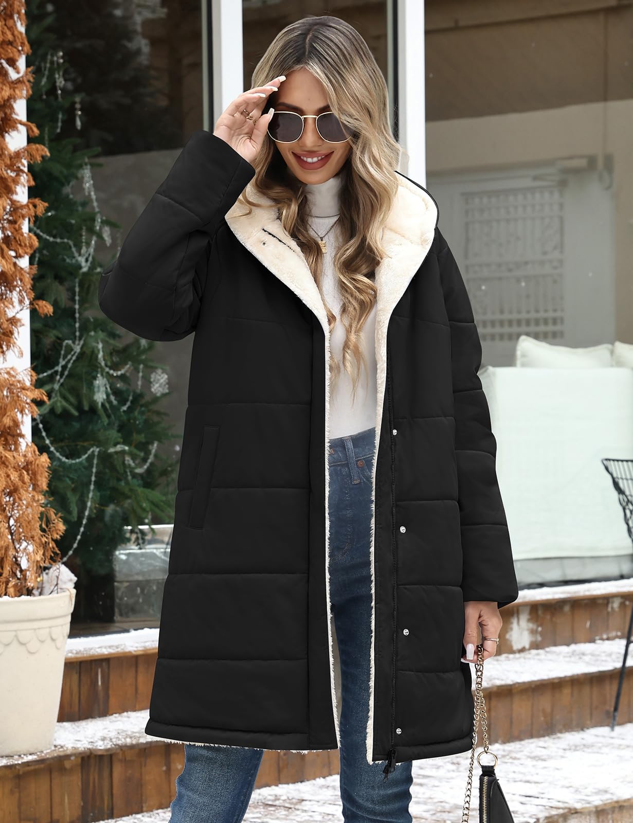 Vancavoo Manteau d’Hiver Femme Mi-Long Matelassé à Capuche Décontracté | Déperlant Parka avec Doublure Polaire Chaude, Capuche Fixe, Zip et Boutons-Pression, 2 Poches Latérales