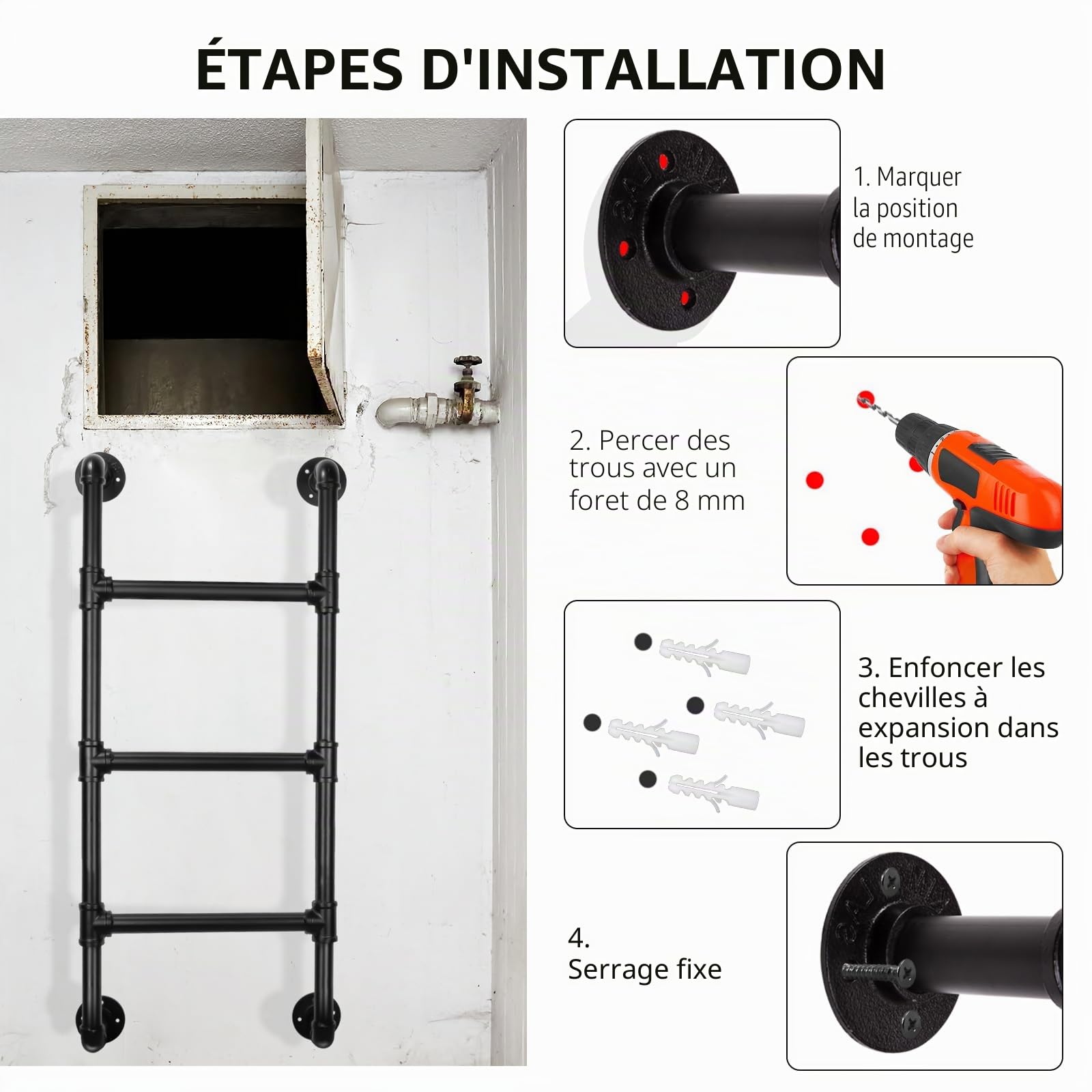 Échelle Murale lit superposé 100cm, escabeau métallique 3 marches | Style industriel fer forgé, charge 150kg, intérieur/extérieur, pour sous-sol, dortoir, grenier, mezzanine et puits de lumière