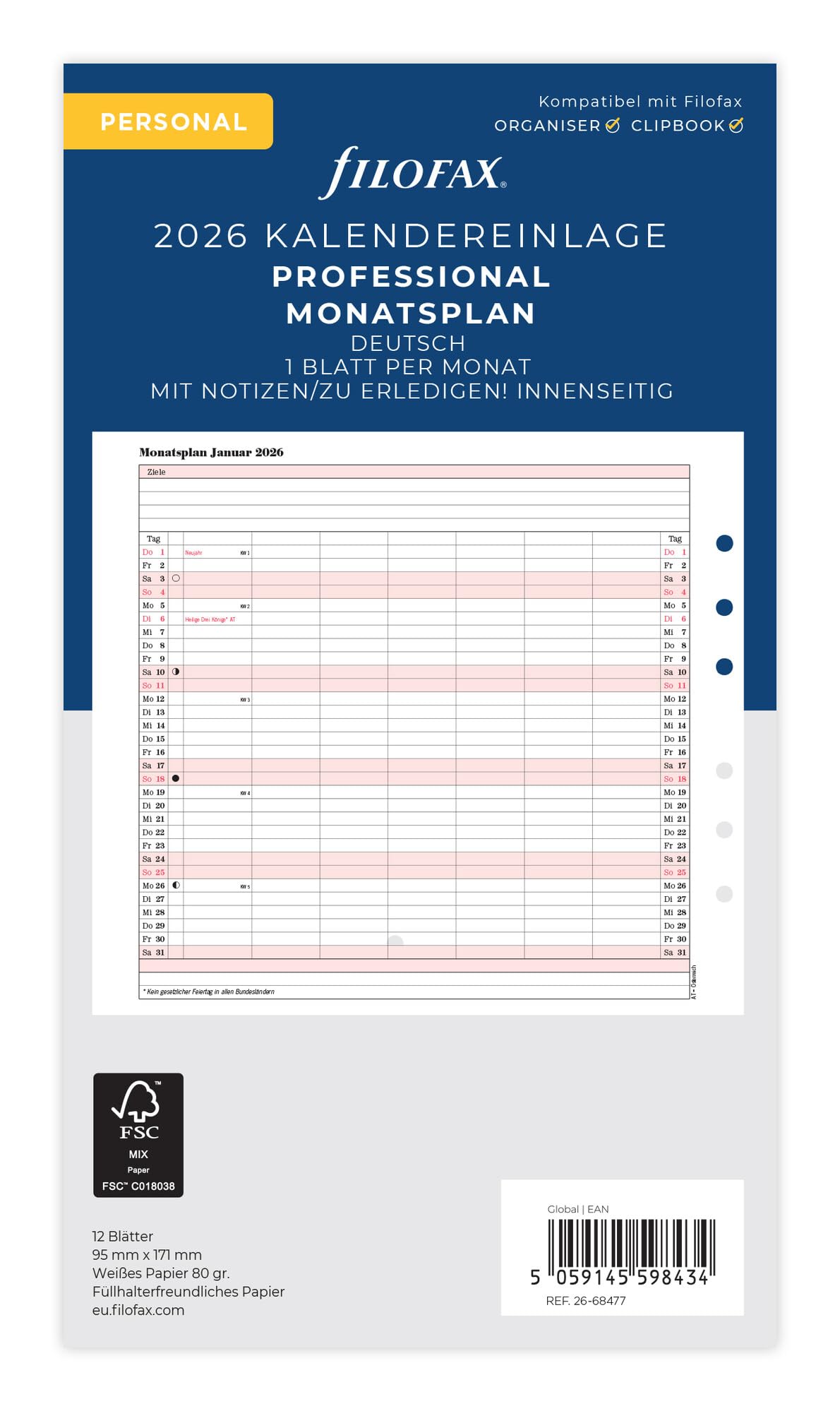 Filofax Personal Calendar Prof. Monthly Spl. (German) 2026