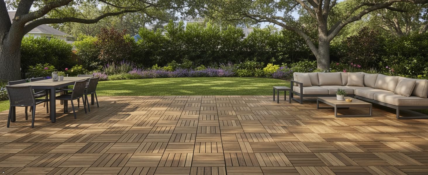 VICTORY RELAX Piastrelle ad incastro per pavimenti in legno di acacia, 9 pezzi, 12 doghe in rovere bianco, impermeabili, decorazione per interni ed esterni, per balcone, giardino, terrazza (31 x 31 x