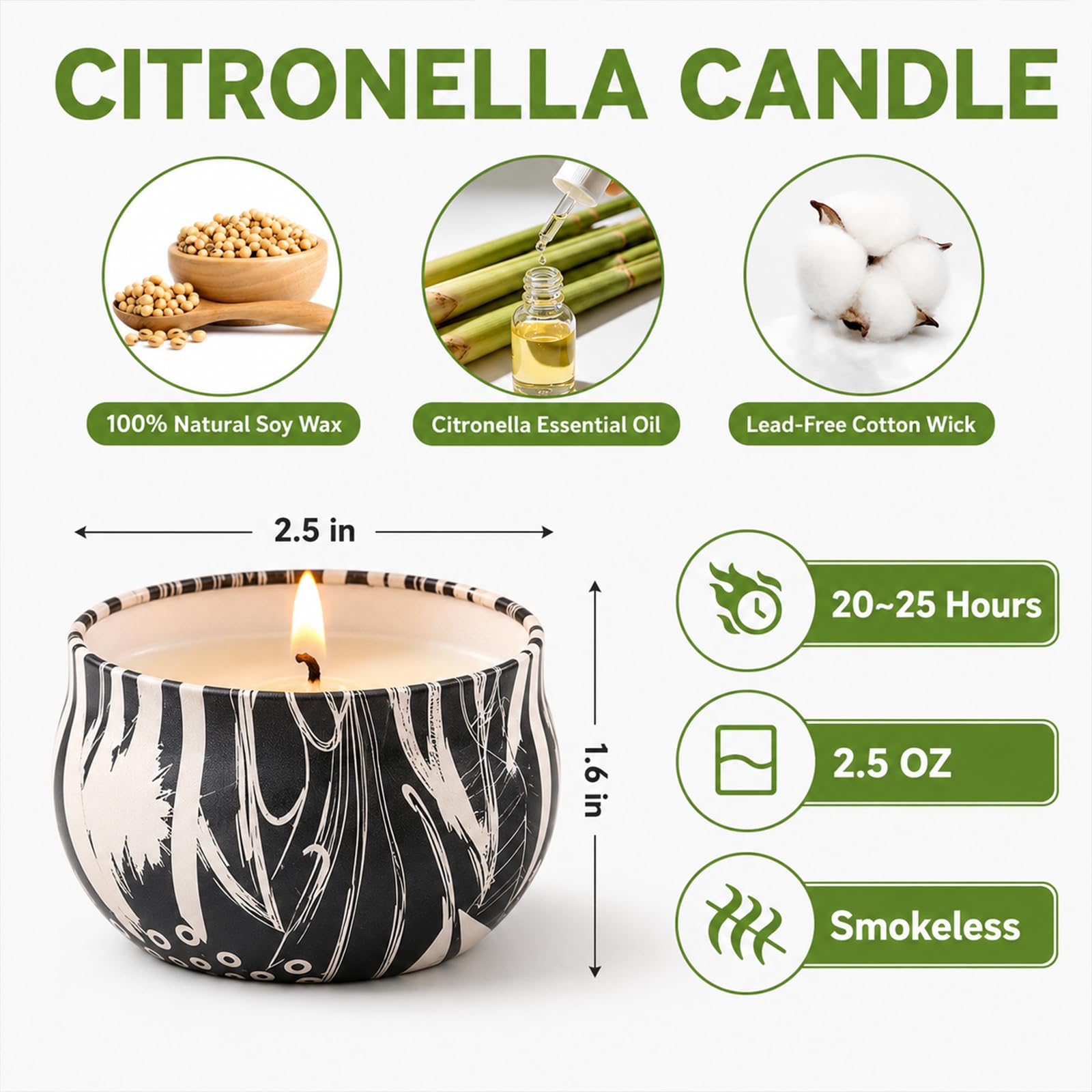 Confezione da 12 candele alla citronella per esterni, candele profumate in cera di soia naturale, 300 ore, di lunga durata, per cortile, giardino, patio e campeggio