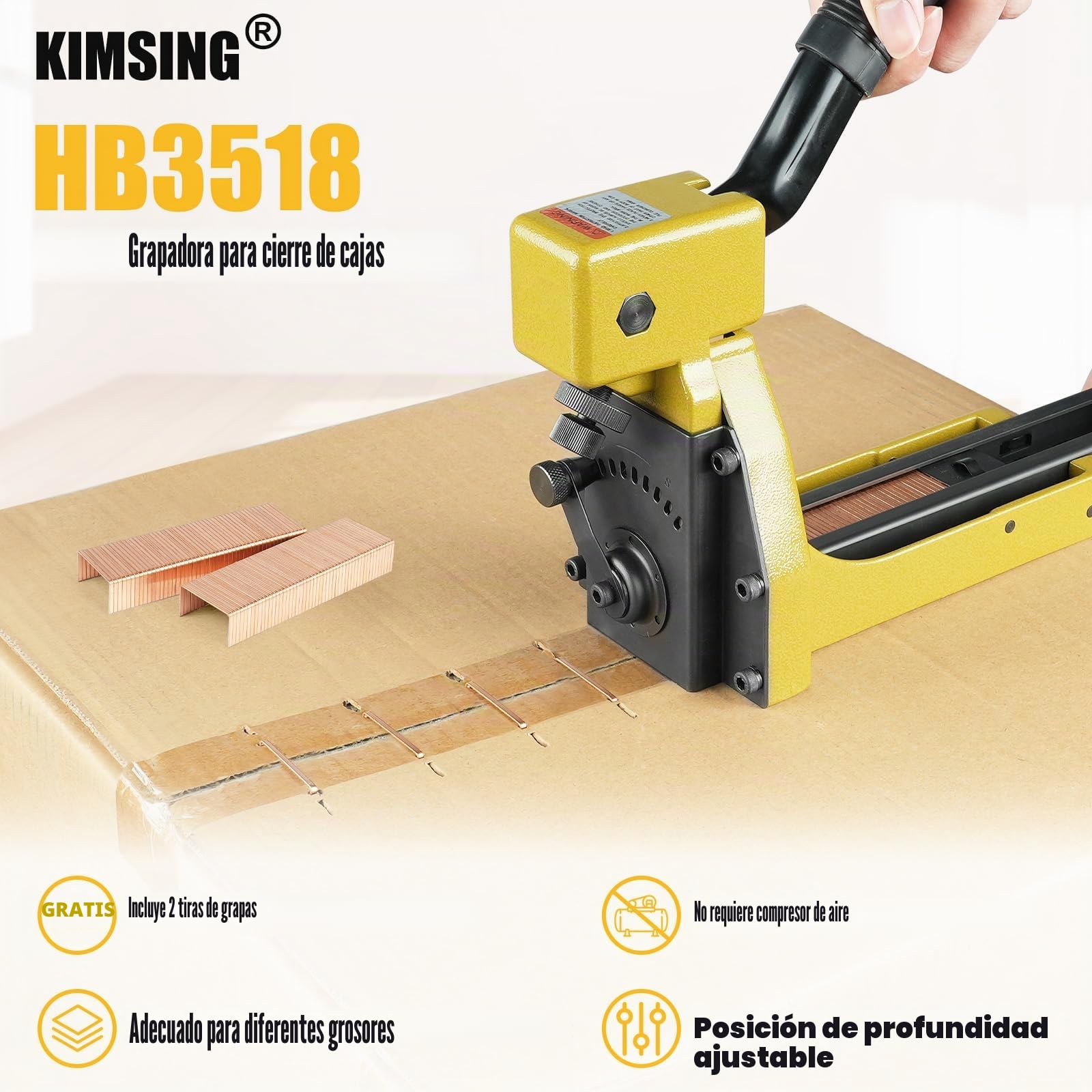HB3518 Grapadora Manual para Cerrar Cajas de Cartón con Extractor de Grapas, Calibre 16, Corona de 34.7mm, Máquina de Grapar Cajas de Cartón para Plegado | Sin compresor, ligera en magnesio, profundidad ajustable para cartones, con extractor y empujador
