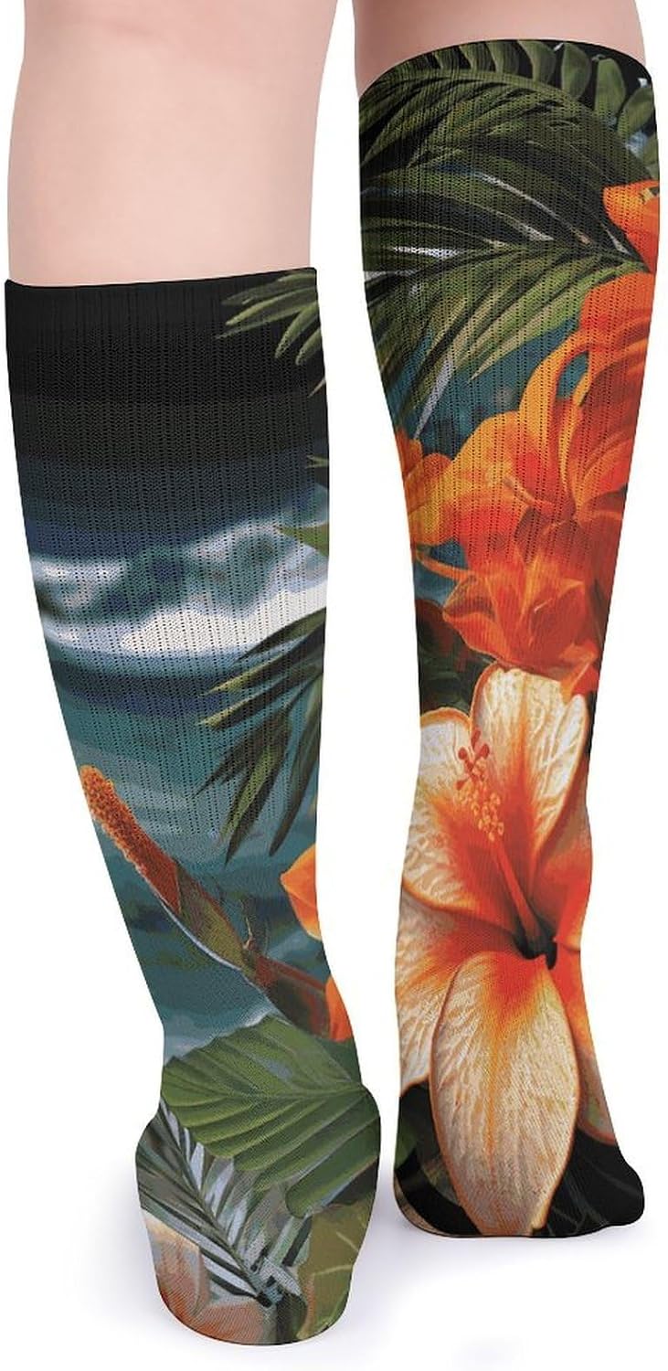 5-Pack Knee High Socks, 15.7 Inch Breathable Casual Socks Tropical Flowers And Decorations Stockings for Men Women