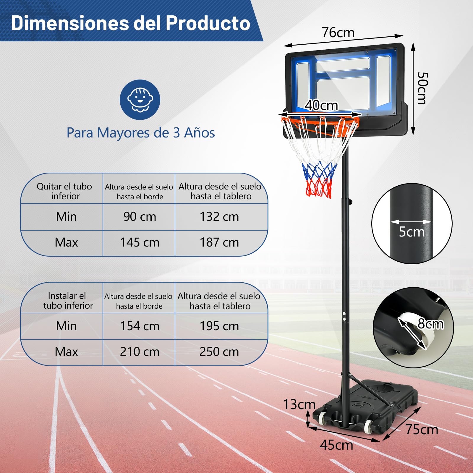 COSTWAY Canasta Baloncesto Exterior, Altura Ajustable 90-210 cm, Canasta Baloncesto Infantil, Rellenable de Arena y Agua, Movíl con Ruedas, Niños y Adultos
