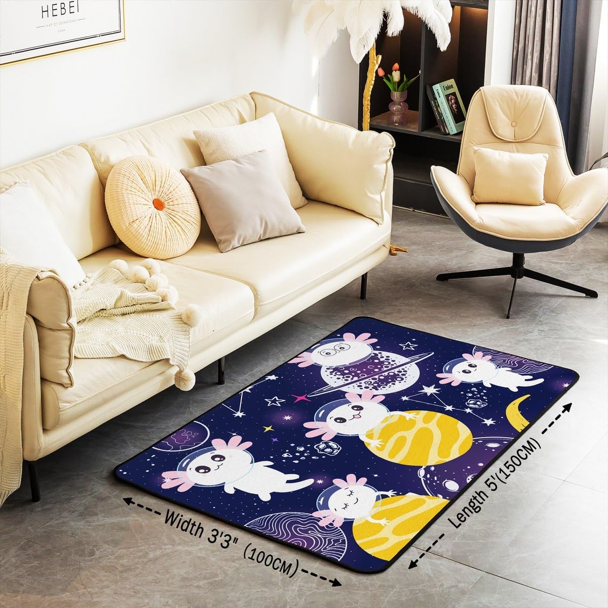 Kids Axolotl Living Room Rugs 3x5, Outer Space Non Slip Area Rug for Bedroom Dining Room, Starry Sky Galaxy Indoor Floor Mats for Boys Girls, Aquatic Reptile Axolotls Non Shedding Carpet, Purple