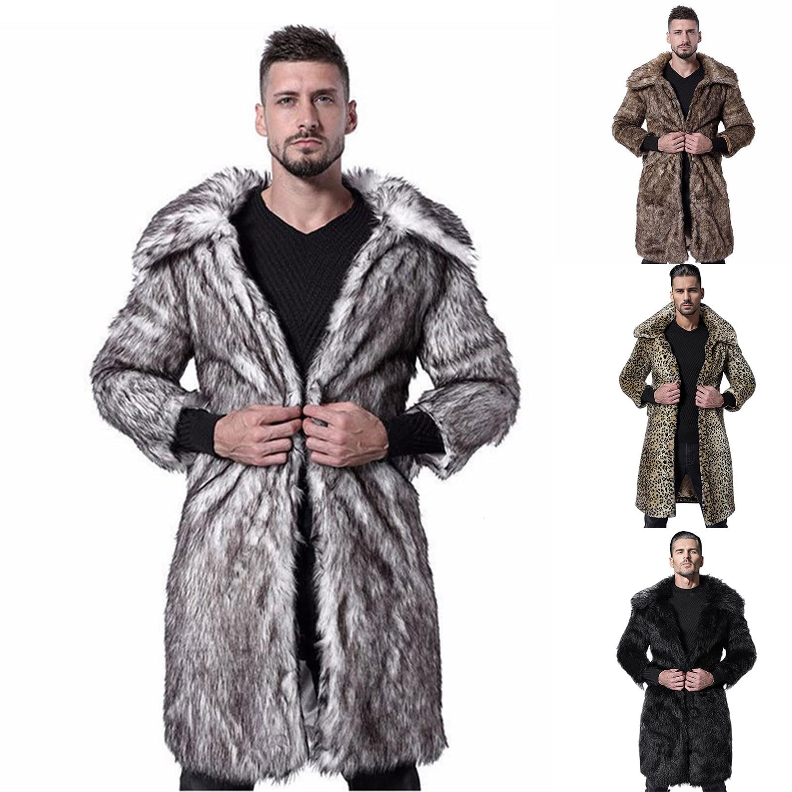Herren Pelzmantel Winterjacke Lang Kunstpelz Mantel Reverskragen Plüsch Strickjacke Warme Felljacke Pelz Jacke Kunst Pelzkragen Wind Coat Warm Pelzjacke Langarm Revers Cardigan Parka