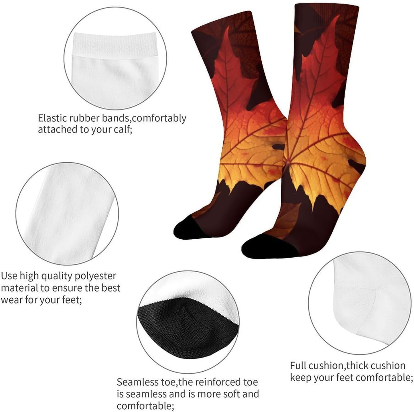 Breathable Sports Socks, Moisture Wicking, Lightweight Crew Socks | Fall Autumn Leaves Athletic Calf Socks for Women Men, Casual, Anti-Slip, Multifunctional Work Socks
