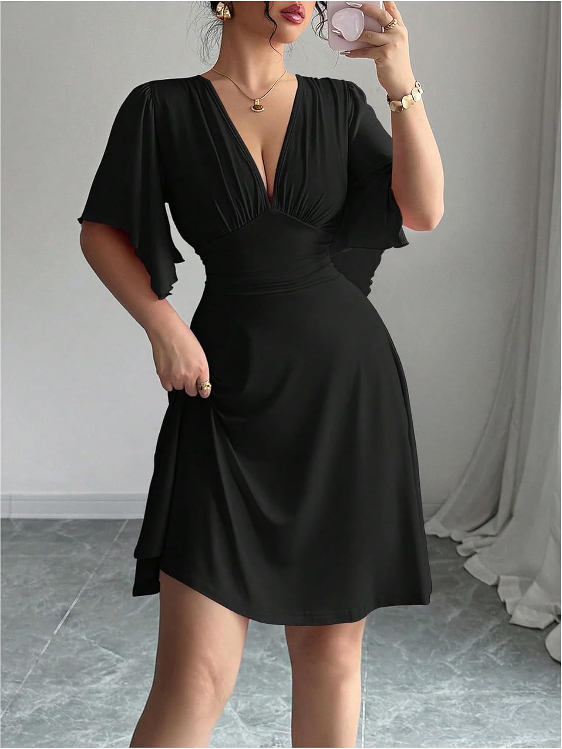 SOLY HUX Women's Deep V Neck Elegant Mini Dress Ruffle Short Sleeve Flowy Cocktail Evening Dresses - Image 3