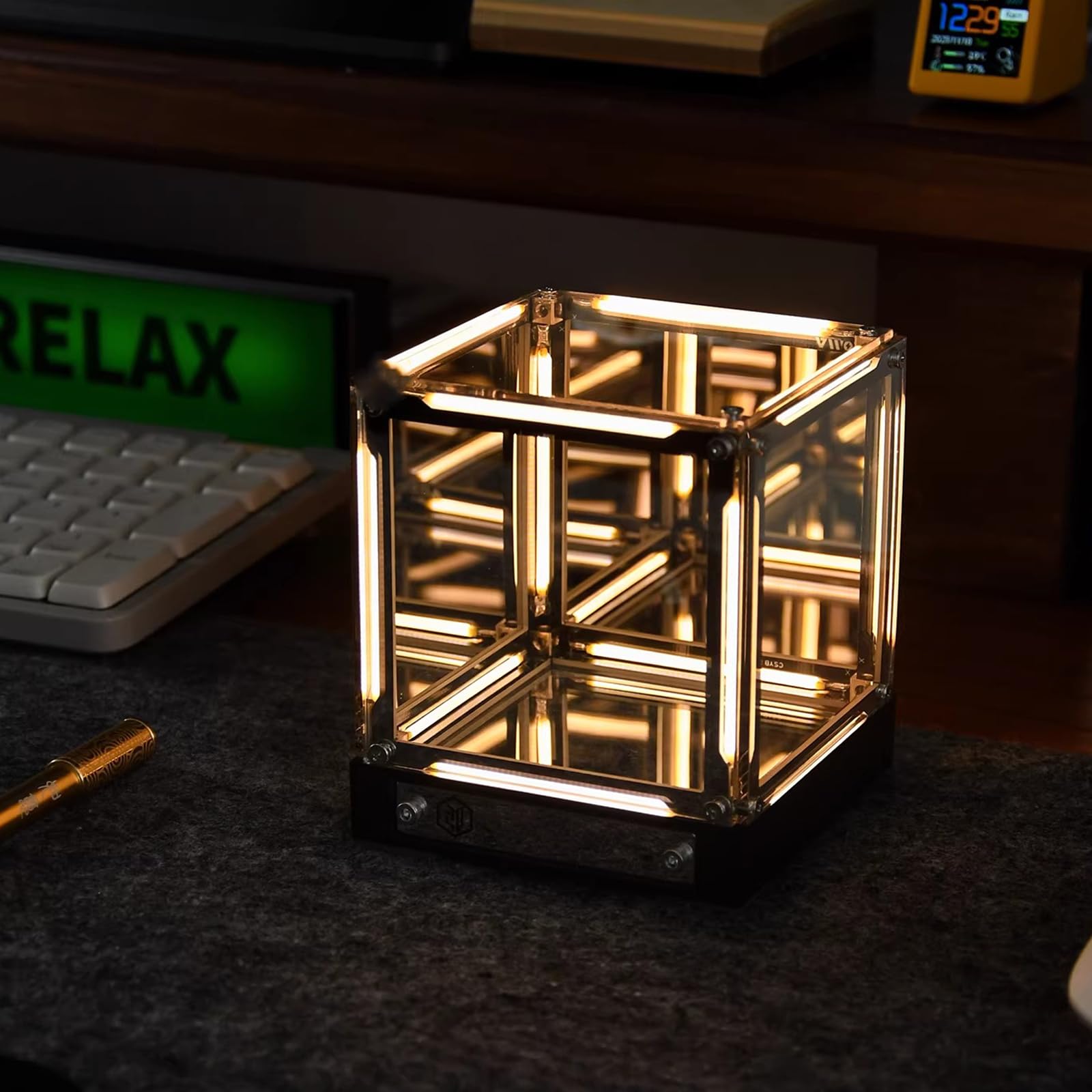 Specchio luce notturna – 4D acrilico cubo lampada da comodino LED effetto Abyss touch dimmerabile luce d'atmosfera ricaricabile USB-C gamer decorazione scrivania futuristica per (Dorato)