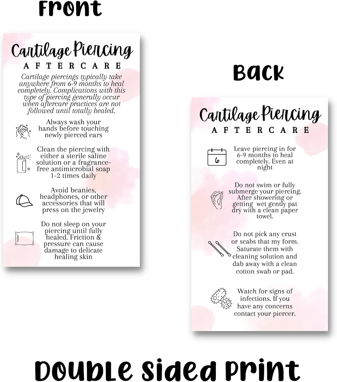 Cartilage Piercing Aftercare Card for Ear Care | 50 pk 2 x 3.5” on Solution Jewelry Saline Cleaner to Prevent Infection Bulk Kit for Clients Cleaning Instruction Cards