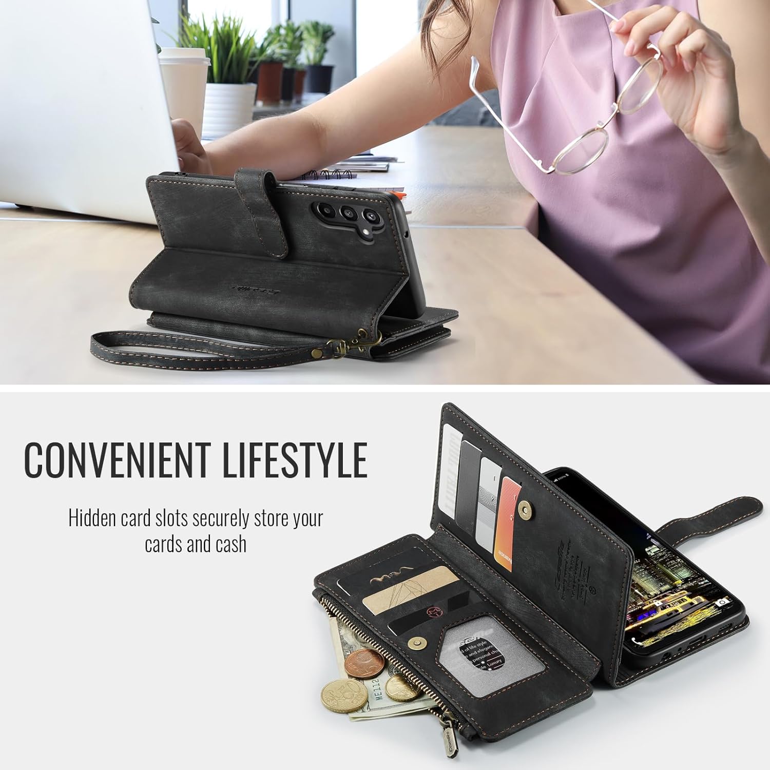 Compatible with Samsung Galaxy A16 5G Wallet Case with Card Holder Kickstand Magnetic Zipper Pocket Lanyard Strap Wristlet,Leather Flip Case Wallet for Galaxy A16 5G 6.7 Inch(Black)