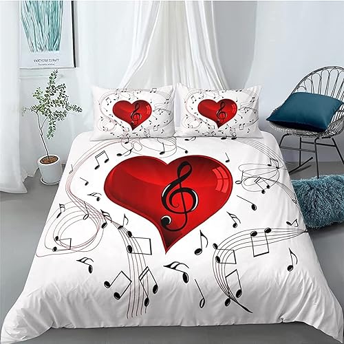 Miniatura 1 de HATEGE Juego de funda de edredón musical tamaño Queen, de microfibra suave y acogedora con estampado en 3D, diseño de corazón rojo, funda de edredón