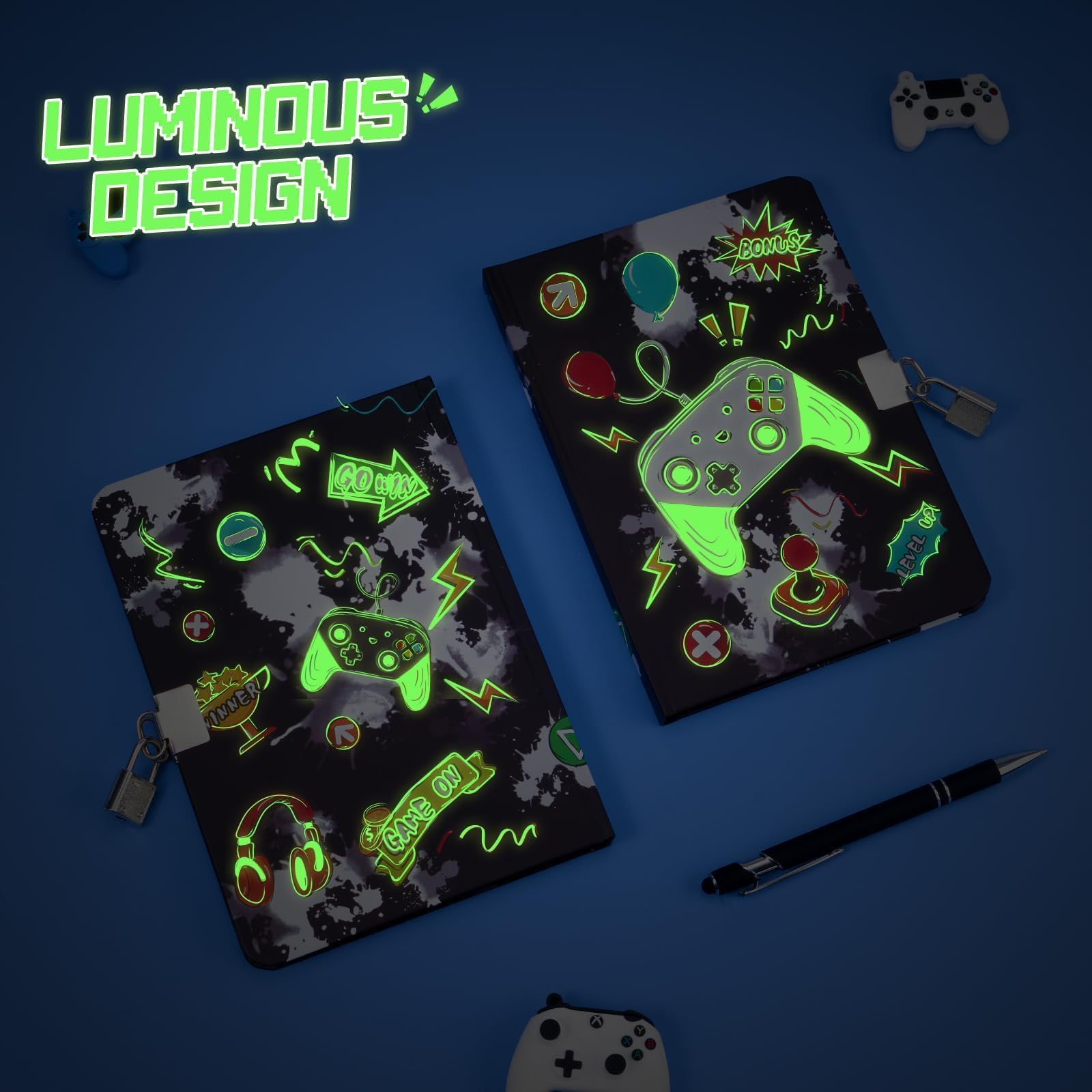 WERNNSAI Kit journal de jeu garçons - Journal lumineux enfants cadenas clés stylo autocollants carnet écriture ligné A5 jeux vidéo