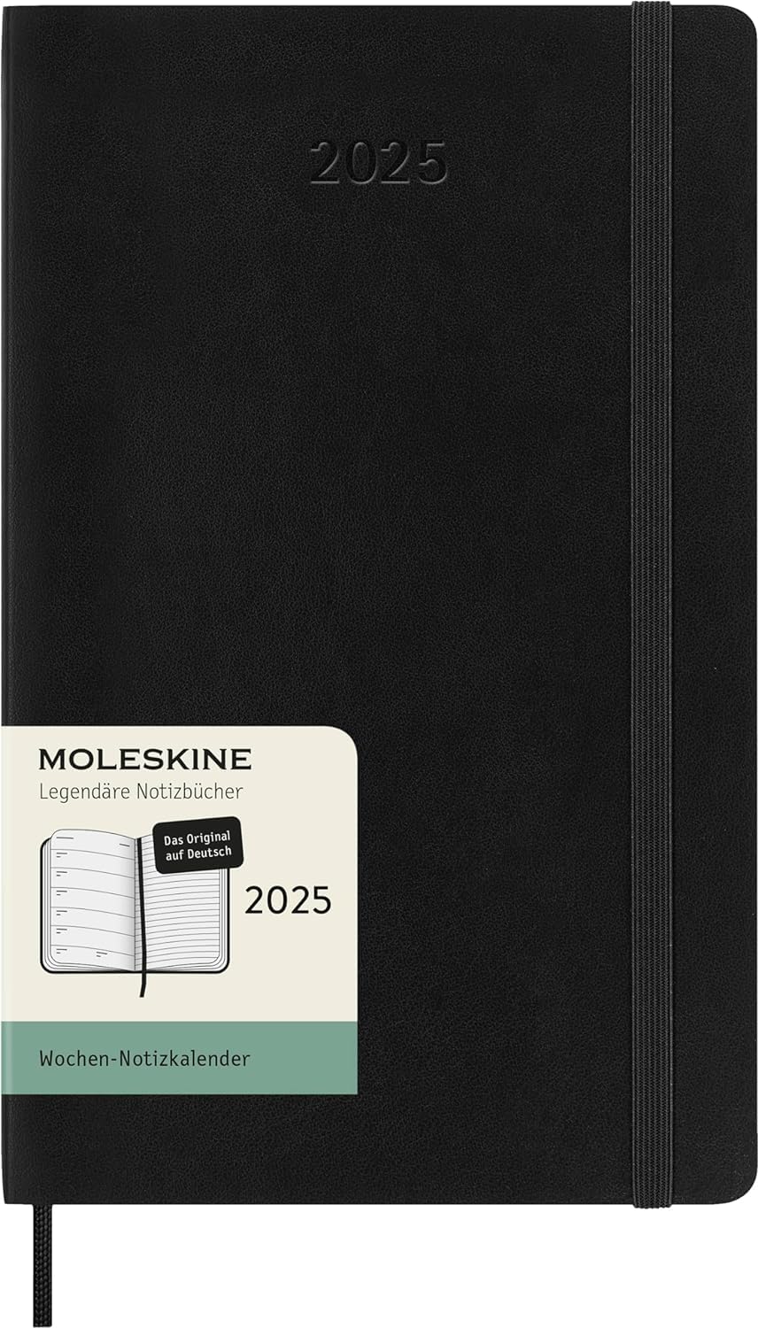 Moleskine Weekly Planner, Weekly Agenda with Space for Notes 12 Months 2025, Soft Cover and Elastic Closure, Black Color, German Language, Large Format 13x21 cm