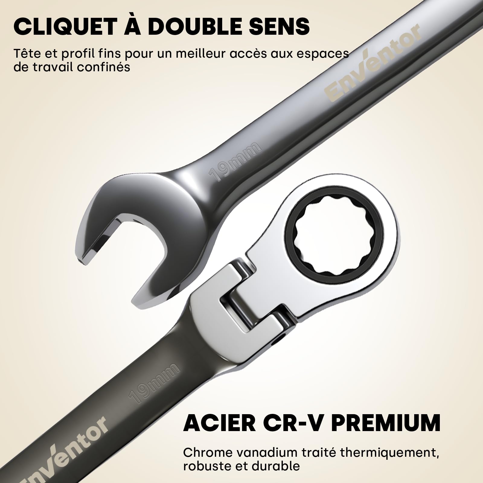 Enventor Jeu de 8Pcs Clé Plate à Cliquet, Tête flexible à 180°, 72 dents, Rangées dans une pochette de rangement, Acier au Chrome Vanadium, Métrique 8-19 mm, Pour réparations électriques