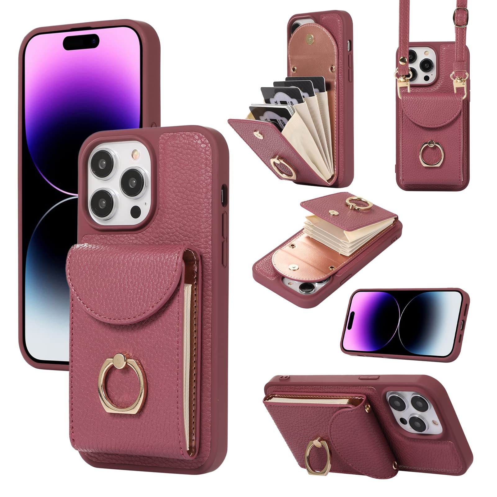iPhone 14 Pro max Wallet Case with Card Holder, PU Leather Case with 360° Rotatable Ring Stand Protective Case for Women，Detachable Strap Fashion Designs for iPhone 14 Pro max 6.7" (Rose)