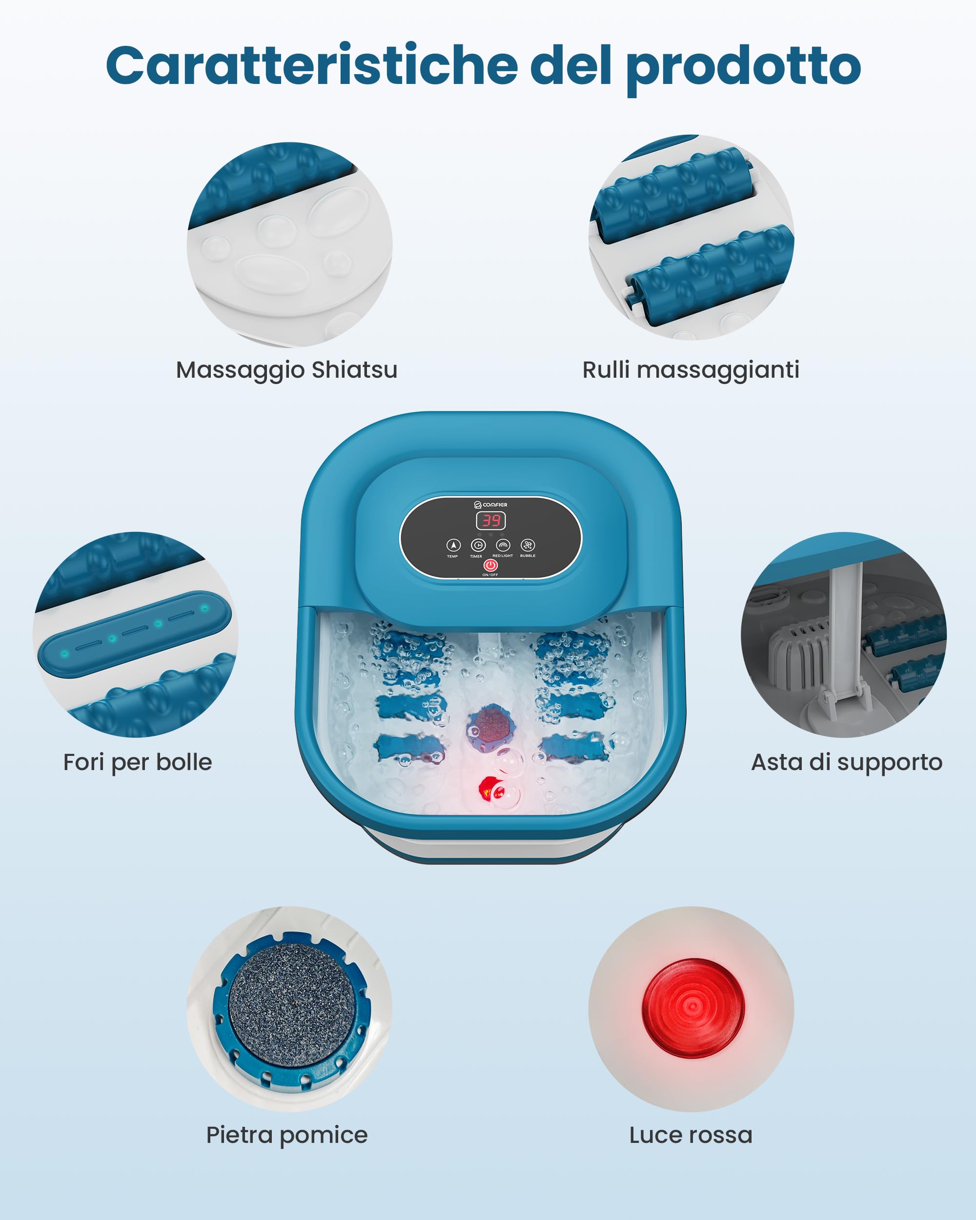 COMFIER Pedicure con massaggio e funzione di riscaldamento, massaggiatore per piedi pieghevole, funzione vibrante e frizzante, timer, pedicure pomice, 35 ℃-48 ℃, pedicure con 8 rulli shiatsu