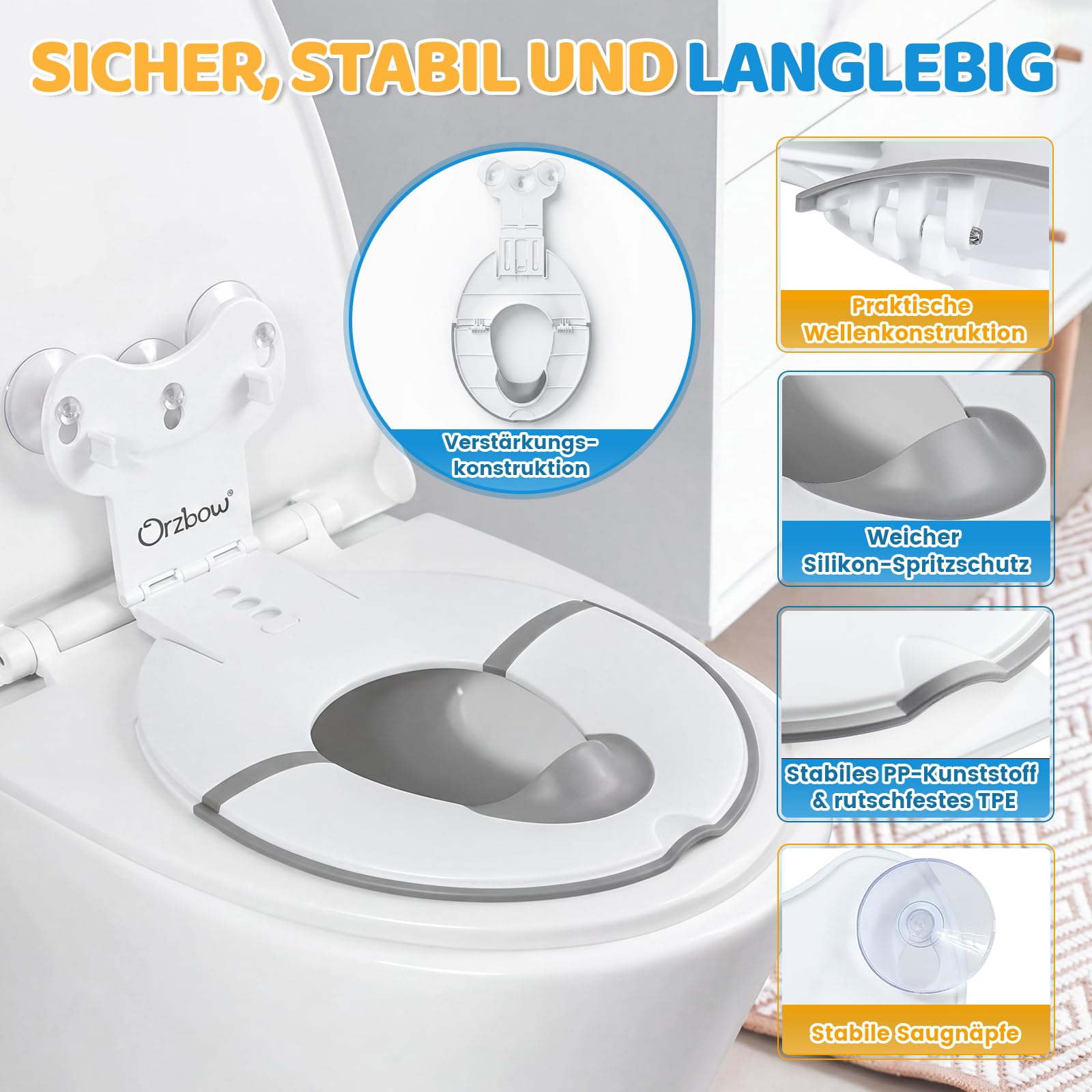 Orzbow Faltbarer Toilettensitz Kinder, Tragbarer Kinder Toilettensitz mit Weichgummi-Urin Barriere, Universal Klositz für Kinder mit Saugnapf, Einstellbare Länge, Einfach zu Benutzen, Weiß