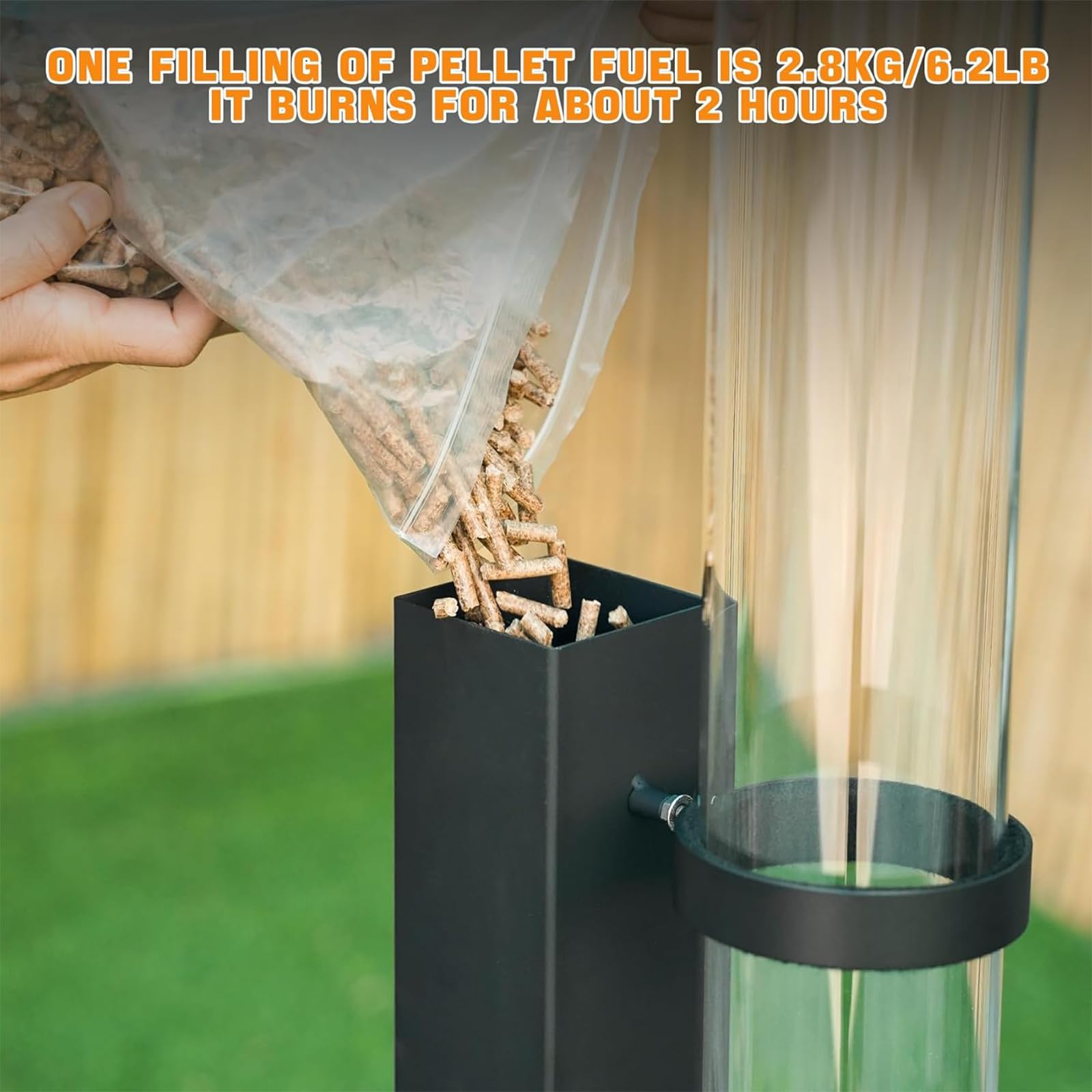 Kit Pellet Torch avec Tube en Verre Cheminée Extérieur pour Terrasse Ecoénergétique Brûleur Durable Fonctionne 2 Heures avec 28 kg de Granulés en Fer et Verre Borosilicaté