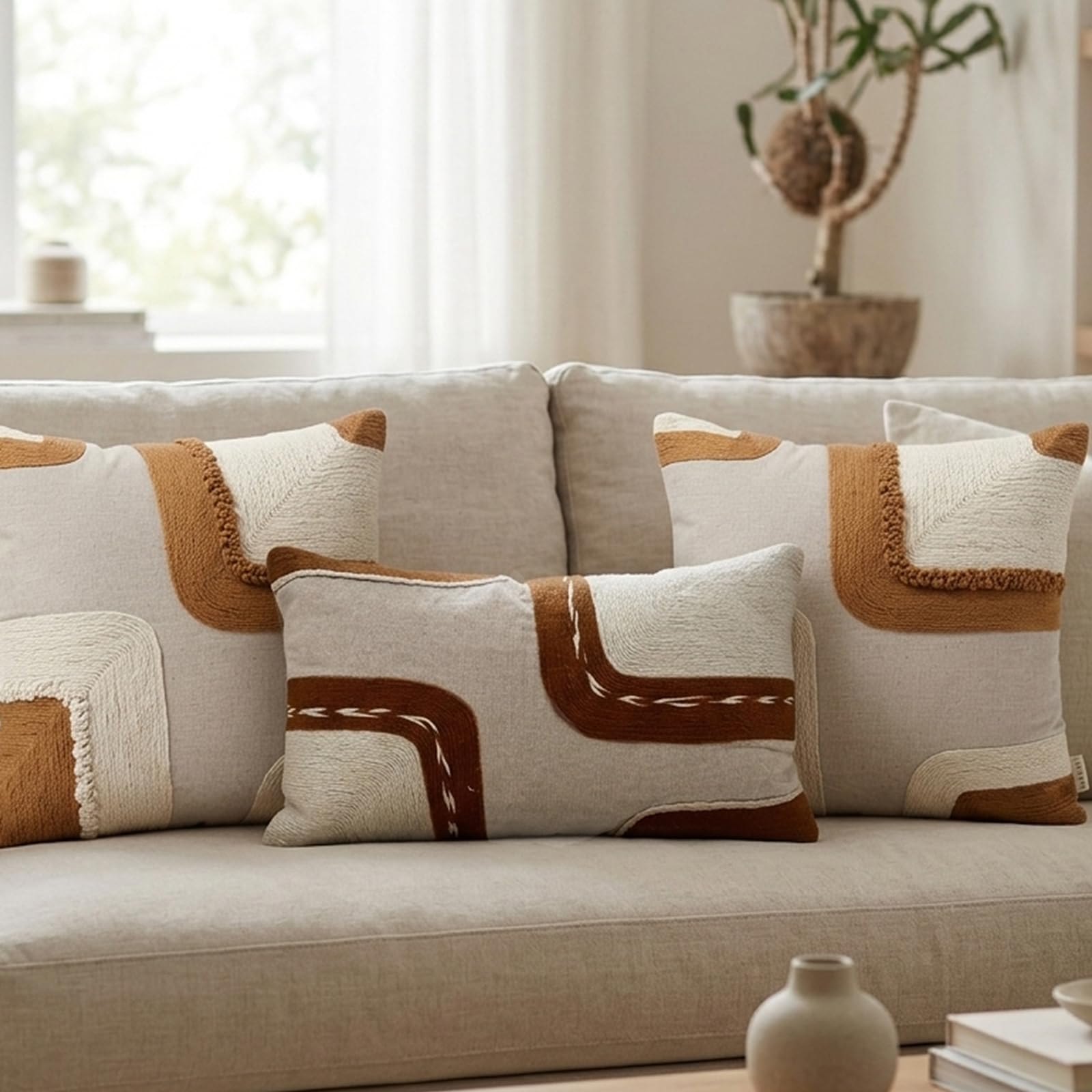 ANWYN Premium 100% Cotton Embroidered Cushion Cover Pack of 3 – Decorative Cover with Beige & Brown Dori Work – Includes 2 Square Cushion 18" & 1 Lumbar Cushion (12"x20") for Sofa & Couch-image-15
