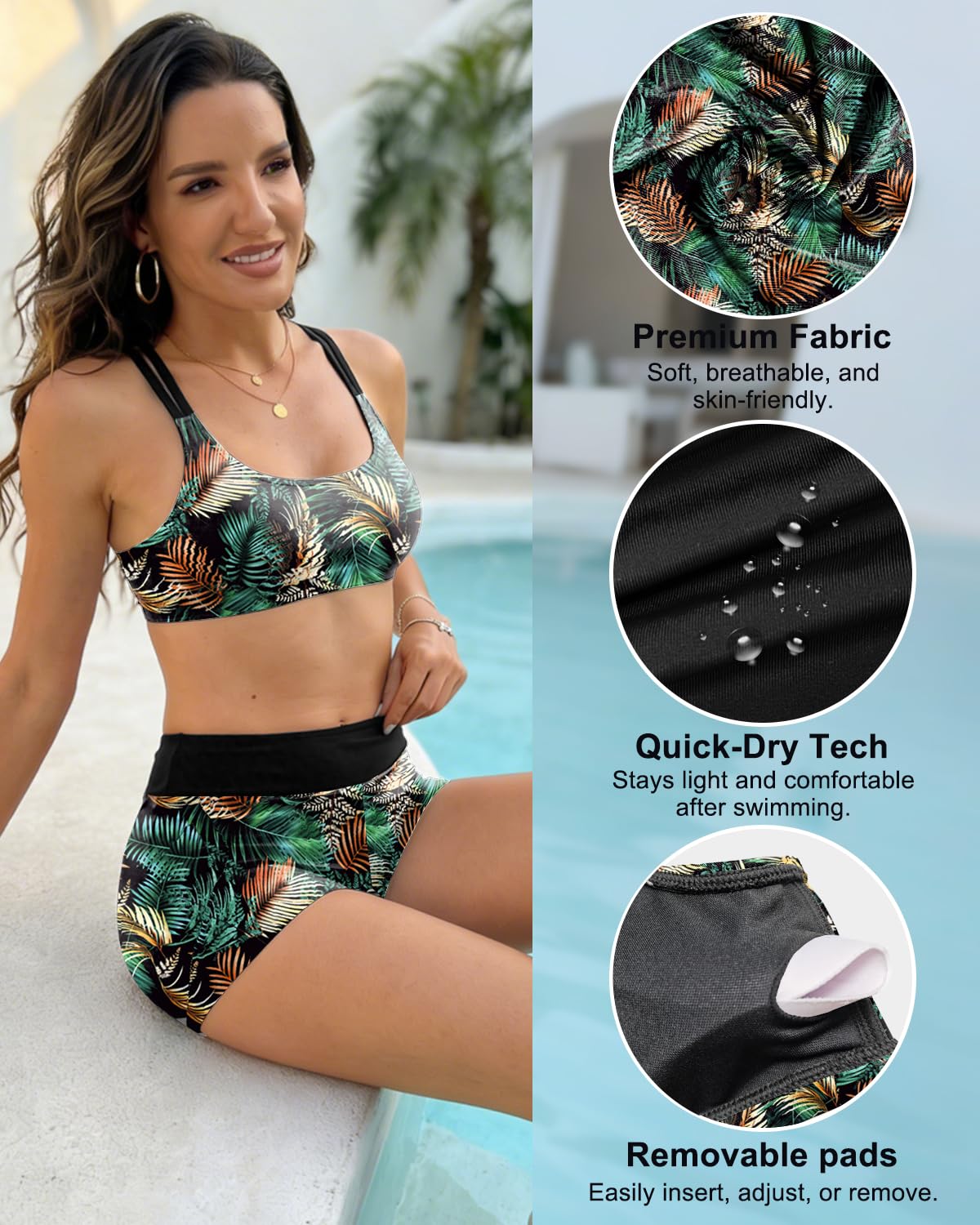 CheChury Maillot de Bain Tankini 3 Pièces pour Femme Haut Débardeur Ample Haut de Maillot Short Taille Haute Bretelles Réglables Imprimé AthléTique Ensemble Tankini