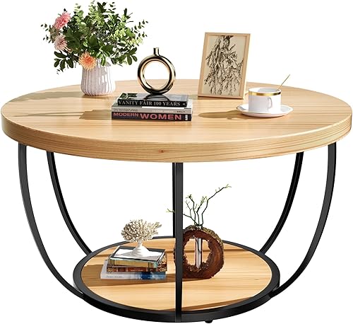 ROOMTEC Mesa auxiliar redonda de 31.5 pulgadas, mesas de centro de 2 niveles para sala de estar, mesa de centro de madera pequeña con