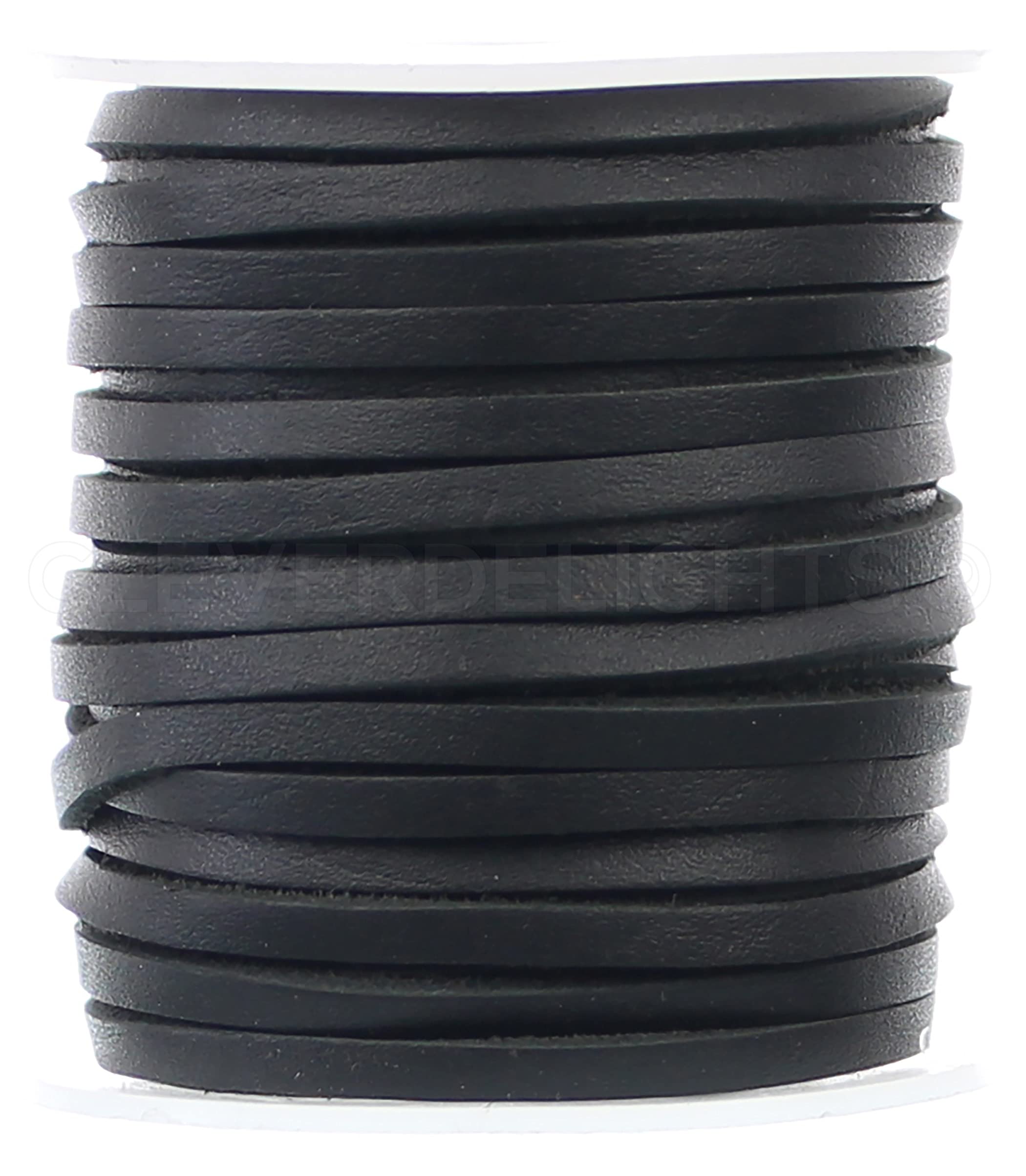 CleverDelights Black 1/8" Leather Flat Cord - 50 Feet - 3.5mm Genuine Leather Strap