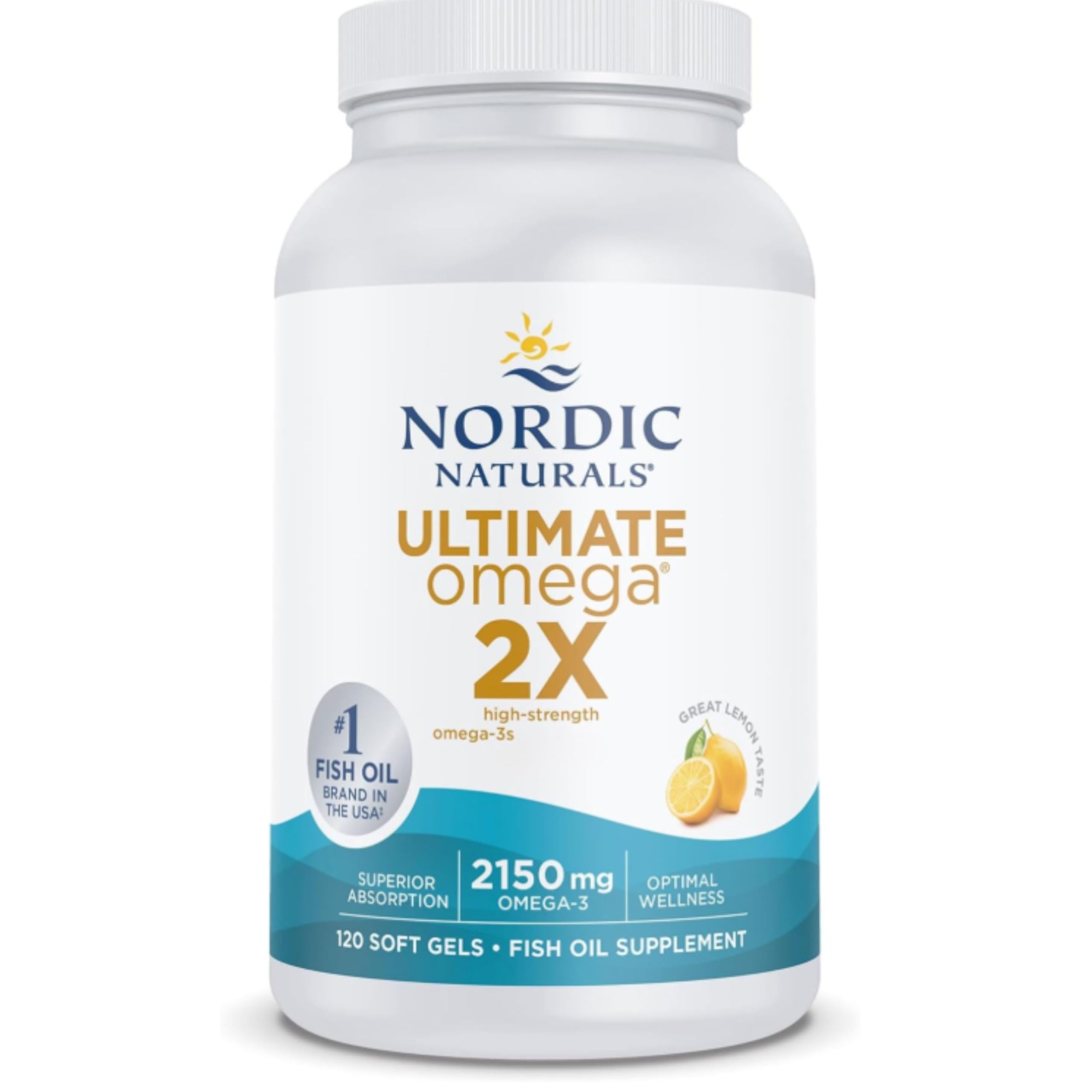 Nordic Naturals Ultimate Omega 3 2X, 2150 mg Omega-3-Kapseln mit hoher Stärke, Fischöl-Nahrungsergänzung mit EPA und DHA, 120 Softgels, Zitronengeschmack, sojafrei, glutenfrei, für Herzunterstützung