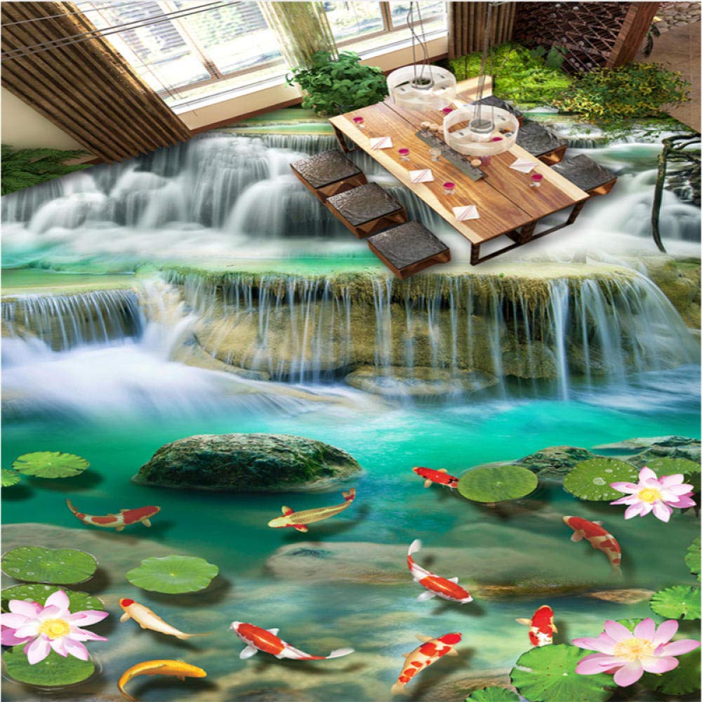 Papel tapiz 3d Cascadas cascadas lotus carp 3D estereoscópico suelo baldosas sala de estar baño 3d suelo-250cmX175cm