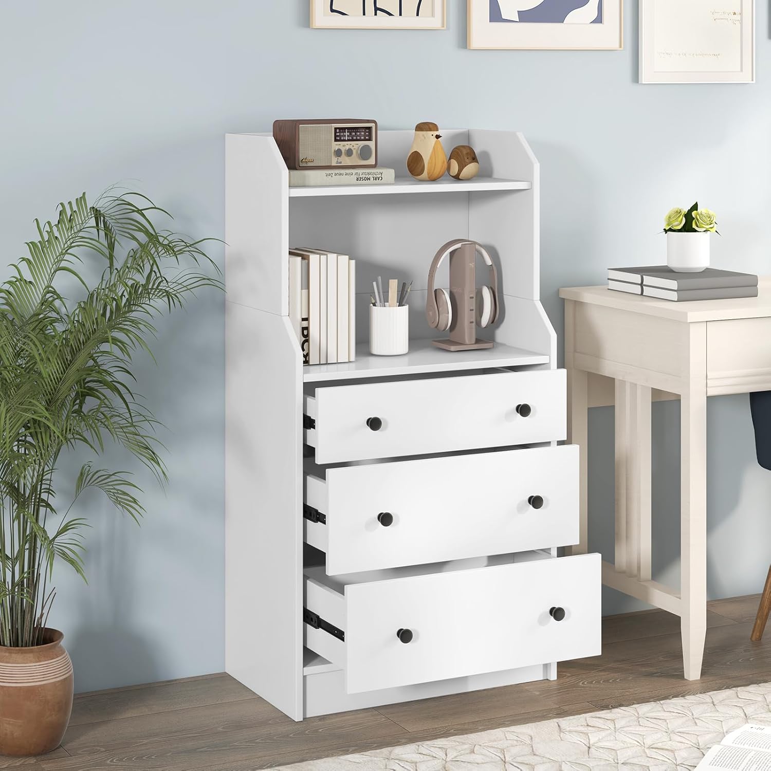 Dresser with drawers partially open, showing storage capacity