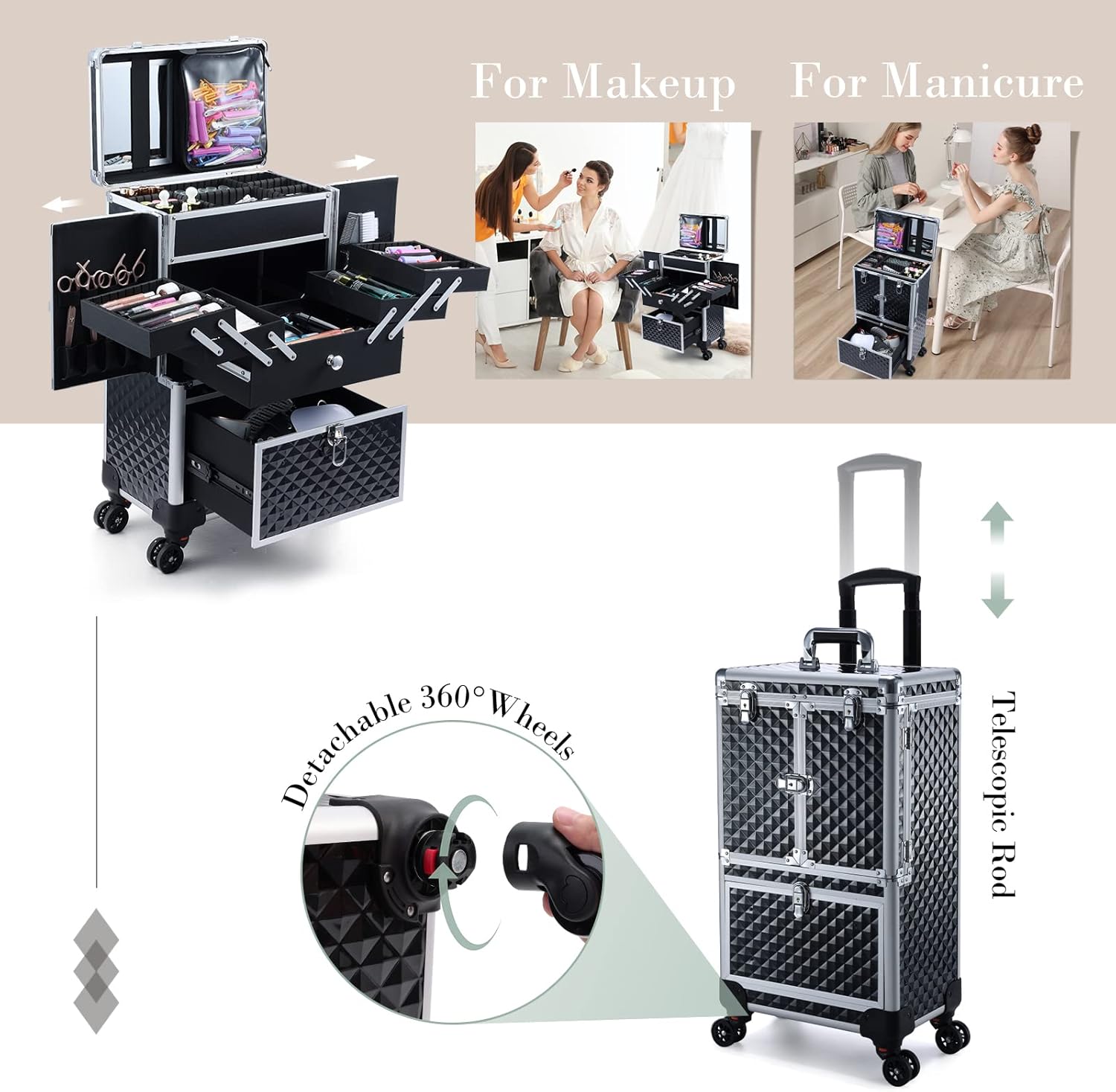 Adazzo Professional Makeup Artist Rolling Train Case Multi-functional Cosmetic Train Case Large Trolley Storage Case for Nail Technicians Cosmetology Case with Compartments for Hairstylist Shiny Black : Beauty & Personal Care