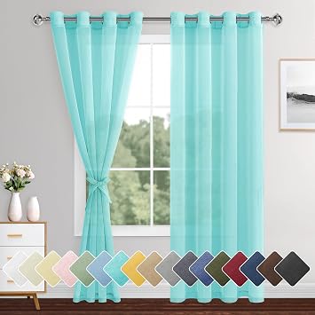 XWZO Semi Transparent Sheer Curtains for Bedroom, Light Filtering & Breathable Voile Grommet Window Curtains for Living Room, Kids Room with Tiebacks, Mint Green, 52 x 90 Inches Long, Set of 2 Panels