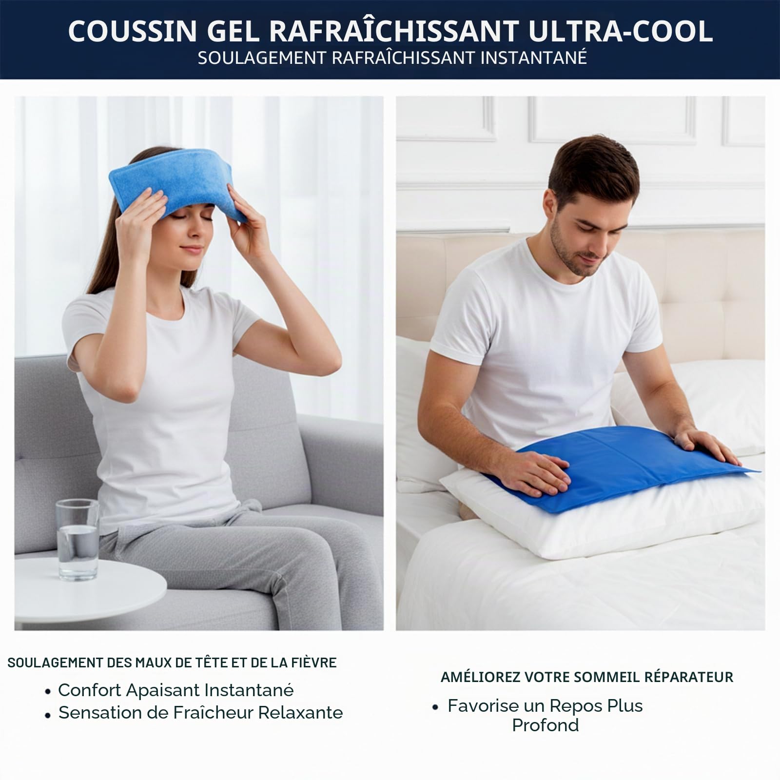 Coussins Rafraîchissants pour Oreiller, Bleu et Blanc, 30 x 40 cm, 1000g, Lot de 2