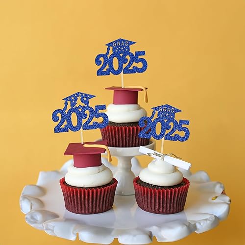 Miniatura 5 de Gyufise 24 piezas 2025 decoraciones para cupcakes de graduación 2025 con purpurina para la clase de 2025, selecciones de felicitaciones