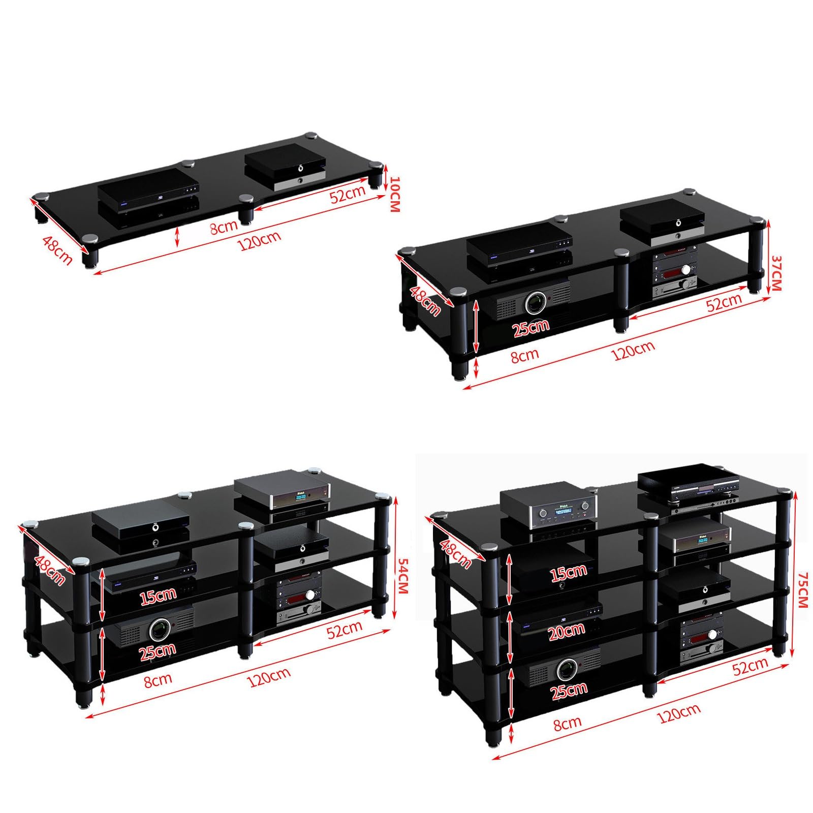 Soporte estéreo blanco de 2 niveles para reproductor de grabaciones, centro de entretenimiento con estantes, soporte multimedia AV y estante de DVD para cine en casa