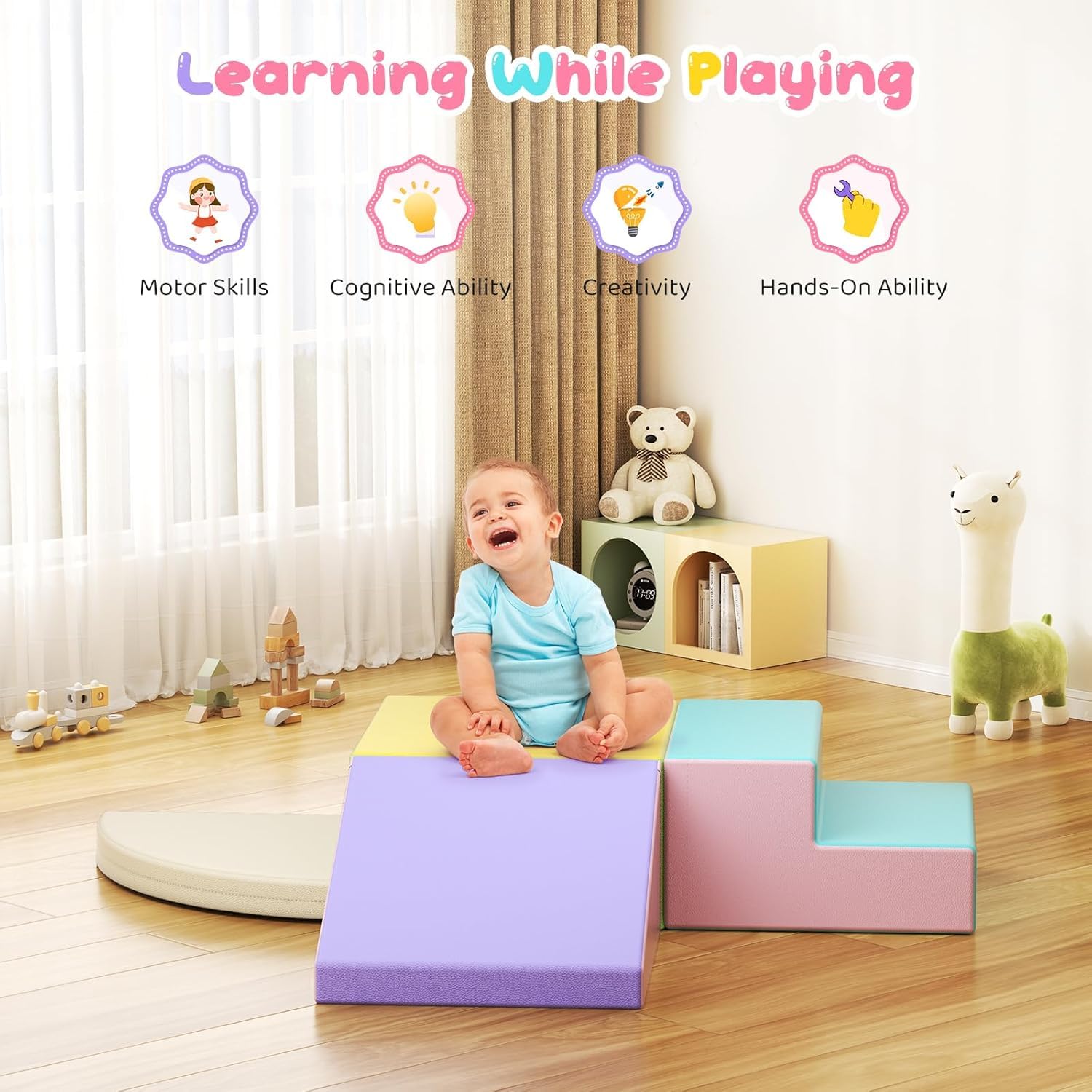 4p-weiße Kletterblöcke für Babys, Baby-Kletterblöcke, kratzfester PU-Bezug, leicht zu reinigen, versteckter Reißverschluss, hochelastischer Schaumstoff, weiches Spielset für Kinder