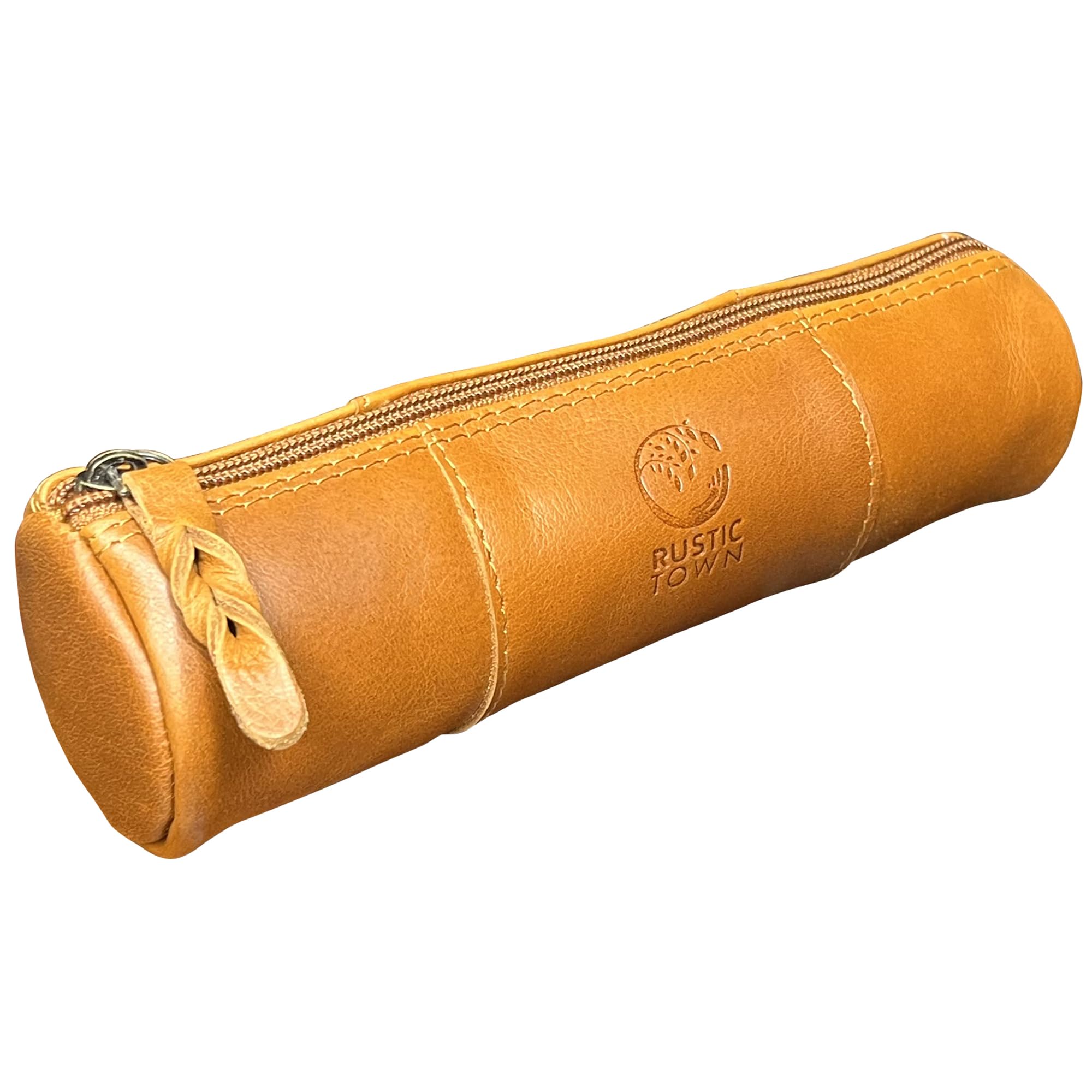 RUSTIC TOWN Leather Pencil Case Holder - Pen Pencil Pouch For Office & School - Zipper Stationary Utility Bag Pencil Kit For Girls, Boys & Kids (Cognac), Brown