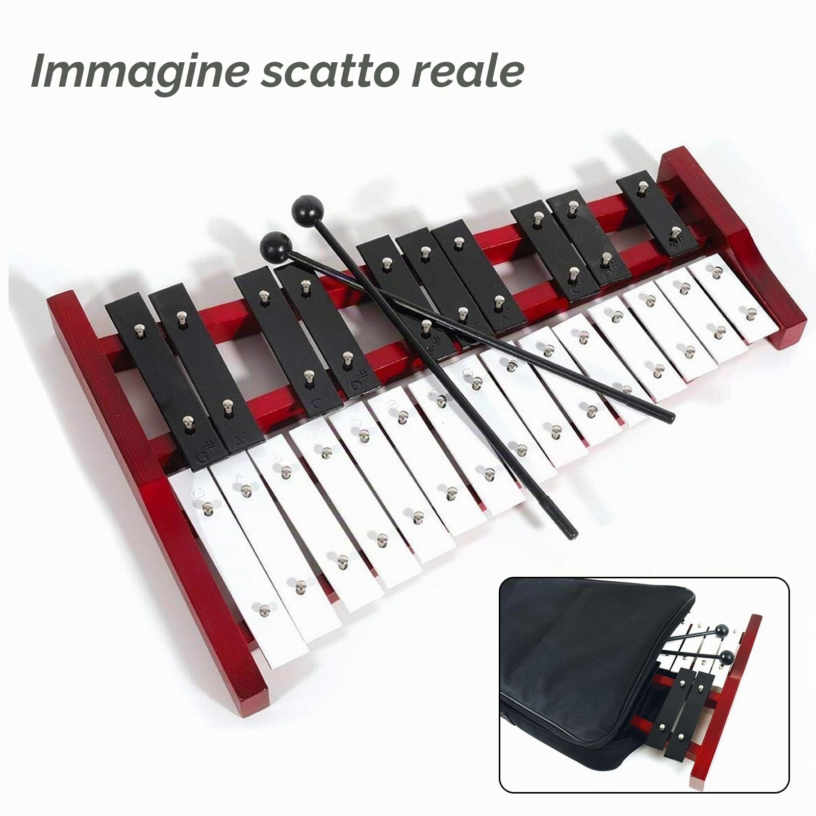 25 Note Di Carillon Xilofono, con Tasti In Metallo E Base In Legno, Percussioni A Mano, con 2 Bacchette, Portatile, Strumento A Percussione, Strumento Musicale Per Ragazzi E Adulti
