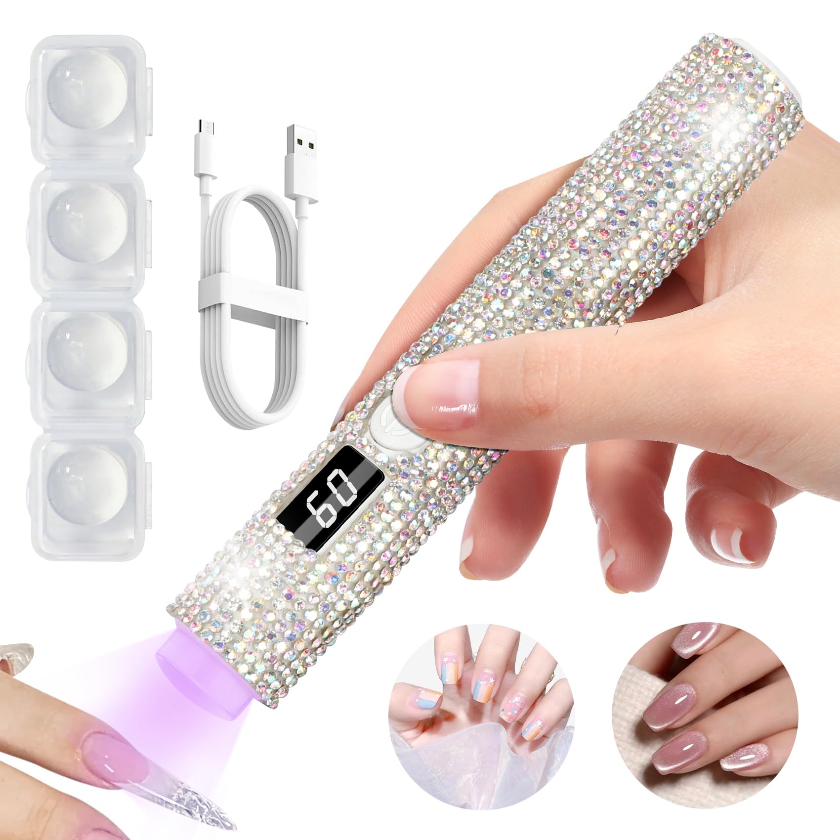 peccera Handheld UV Light for Gel Nails, Glitter Mini UV Light, Cordless Portable Nail Lamp for Fast Curing, Rechargeable LED Lamp for Rhinestone Glue Nail DIY Decoration - AB Diamond