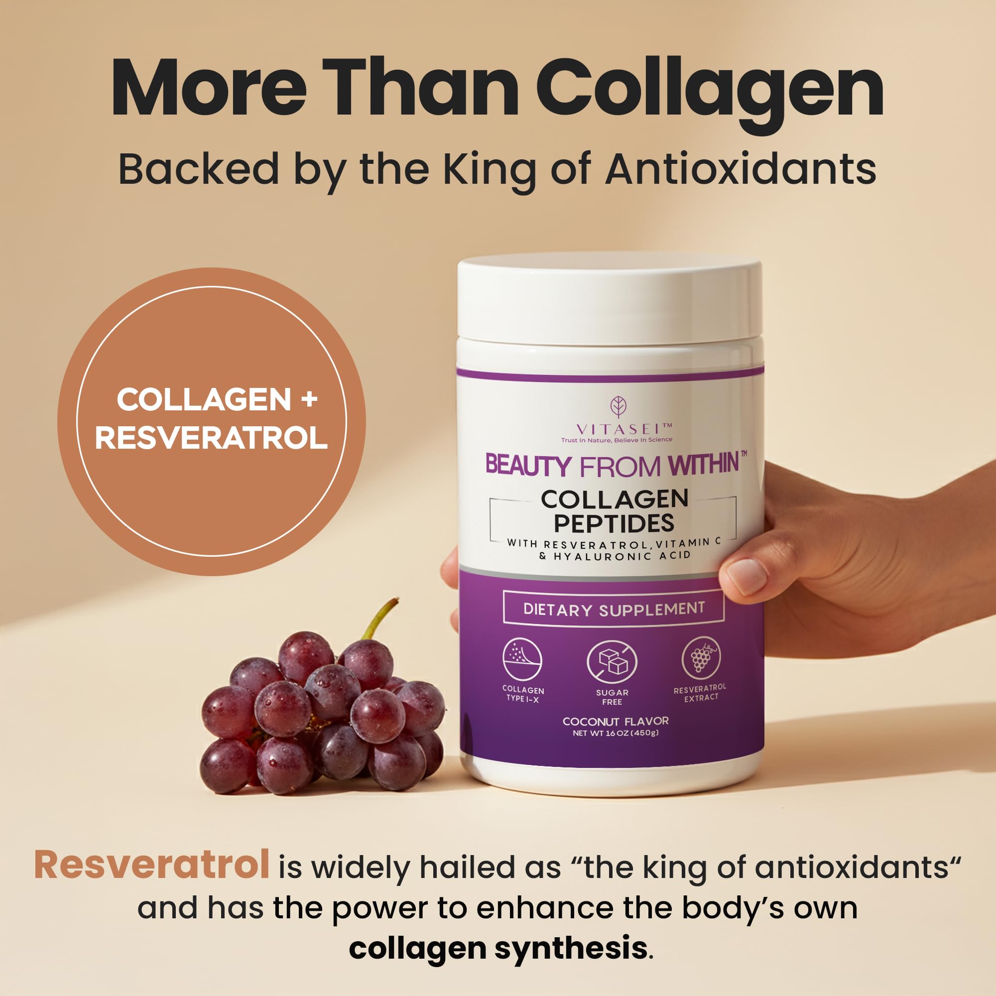 Hydrolyzed Collagen Peptides Powder with Vitamin C & Resveratrol - Hair, Skin and Nails Vitamins for Women & Men - Bone and Joint Supplement - Coconut Flavored - 16 oz