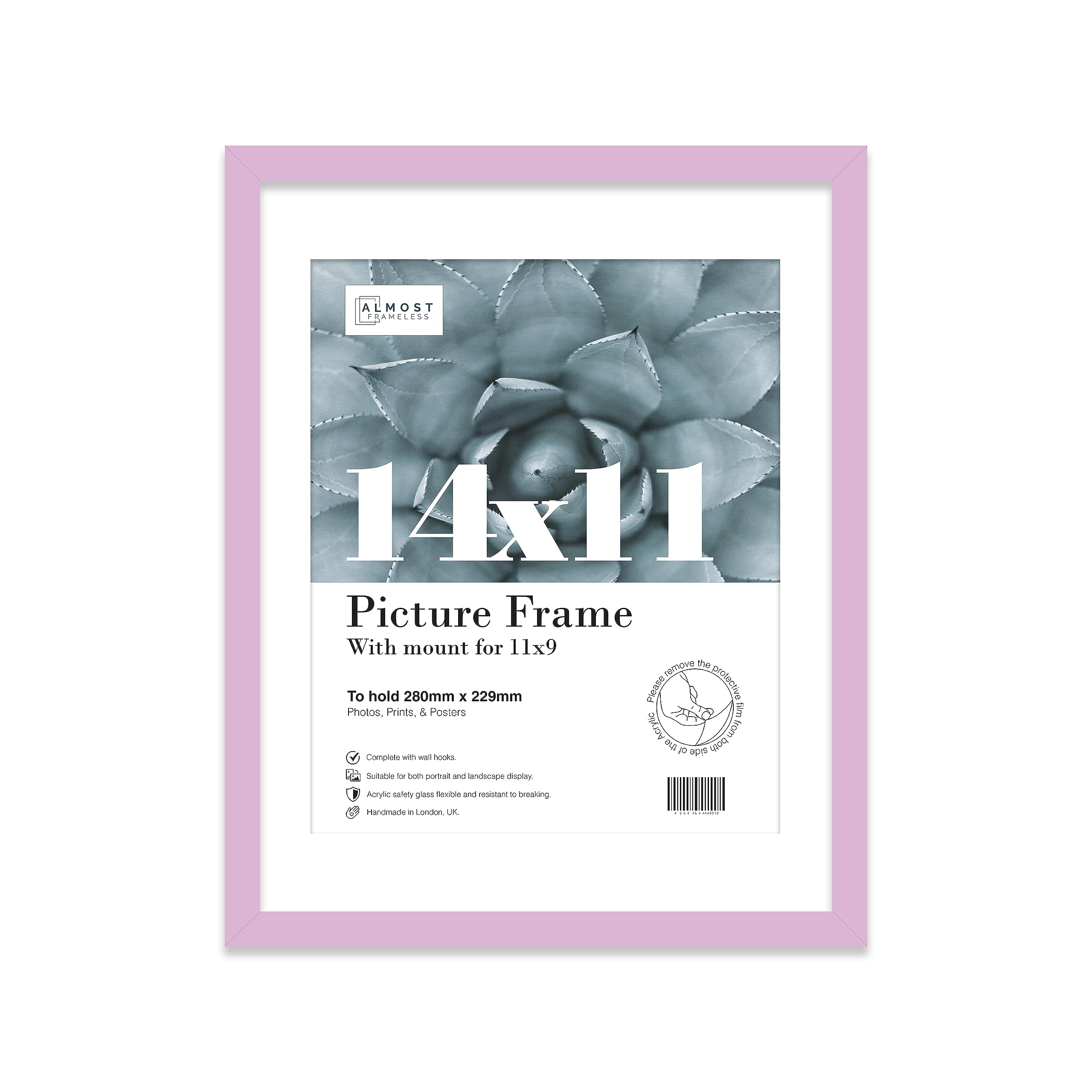 Almost Frameless 14x11 Lilac Picture Frame With Mount for 11x9 Print, Poster or Photo Poster, Photo, Artwork, or Print. Thin Edge Slim Frame Portrait and Landscape Display with Wall Hooks