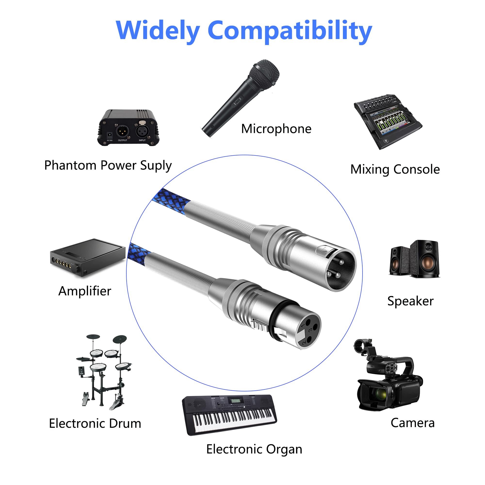 3-pinowy metalowy kabel mikrofonowy sprężynowy XLR męski na żeński Heavy Duty zrównoważony nylonowy pleciony kabel mikrofonowy kompatybilne głośniki, mikrofony (0,3 M)