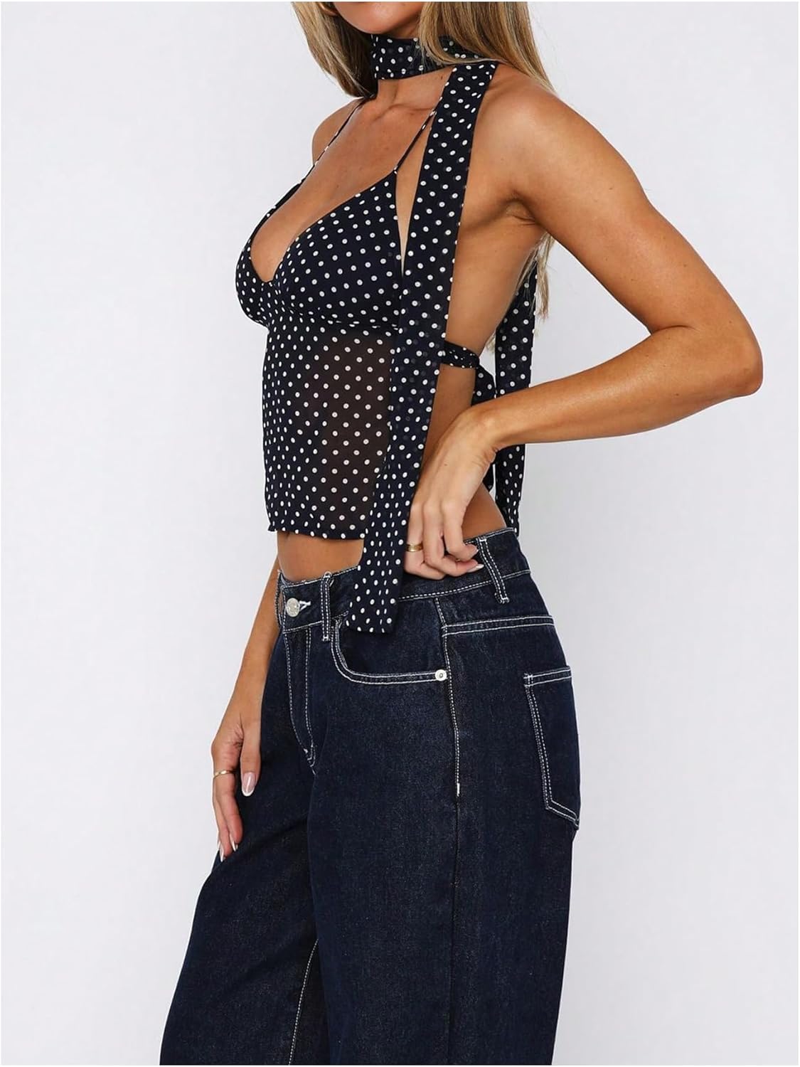 SOLY HUX Women's Polka Dots Halter Tops Y2k Sleeveless Tie Backless Cami Tops with Scarf Going Out Clubwear - Image 3