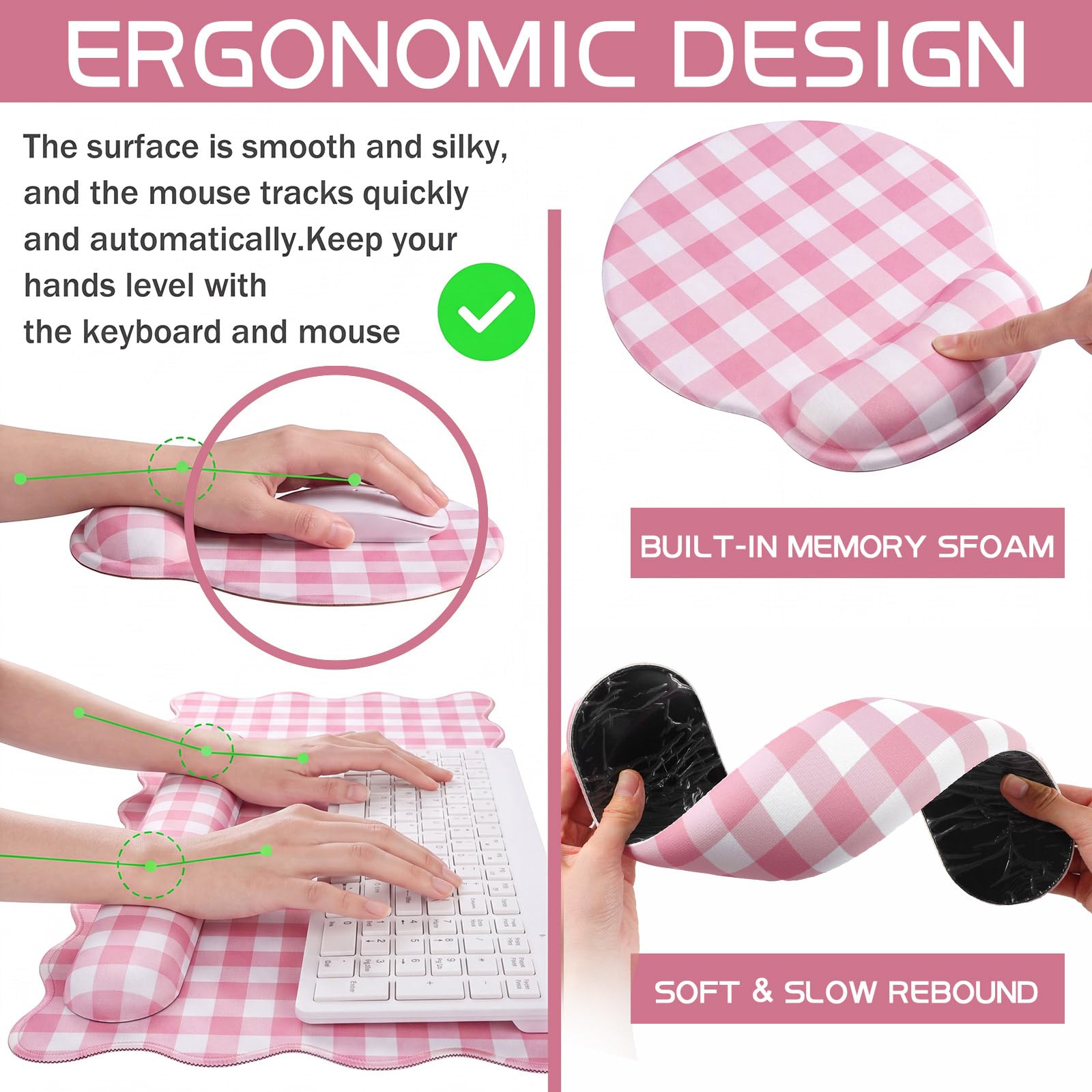 Sabary Set di tappetini da scrivania a quadretti, con poggiapolsi, ergonomici, per tastiera, supporto per il polso, tappetino per computer con bordi smerlati, antiscivolo, per casa e ufficio (rosa, 90