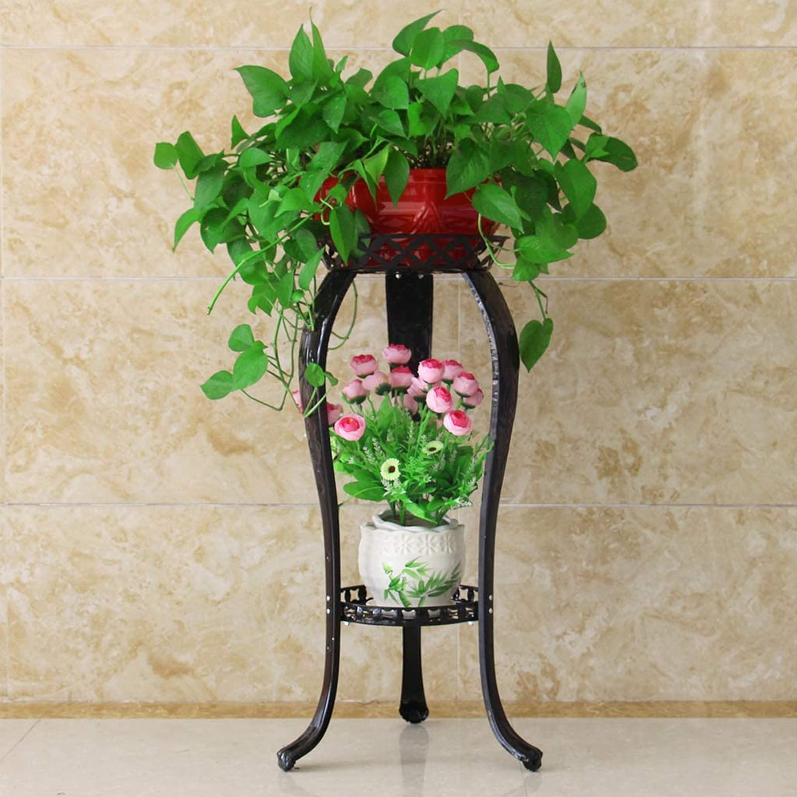 Support de pot de fleurs en fer noir à double couche pour plantes d'intérieur et terrasse