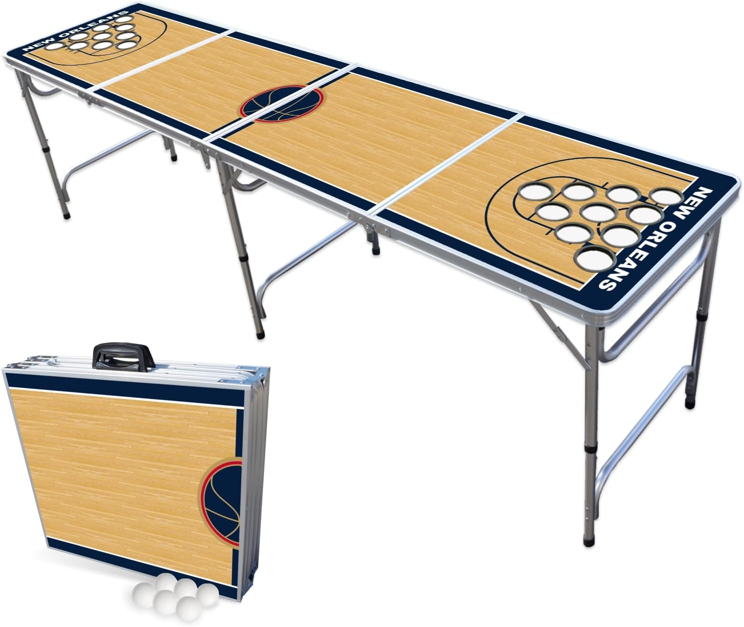 8-Foot Folding Portable Pong Table w/Optional Cup Holes & LED Lights - New Orleans Basketball Court (Choose Your Model)