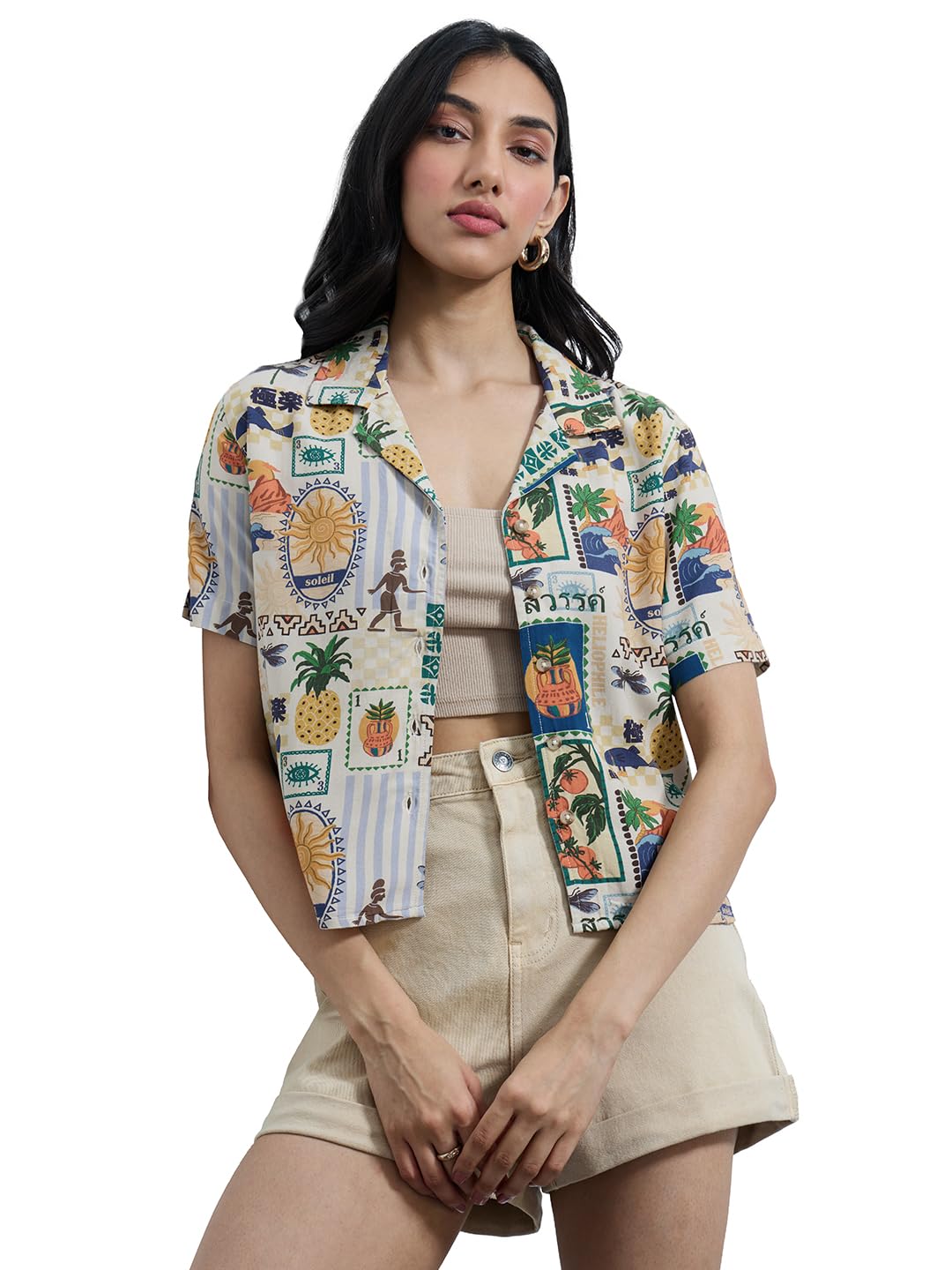 Originals: Tropical Mood Women and Girls Short Sleeves Collared Neck All Over Printed Cotton Regular Fit Casual Holiday Shirts-image-45