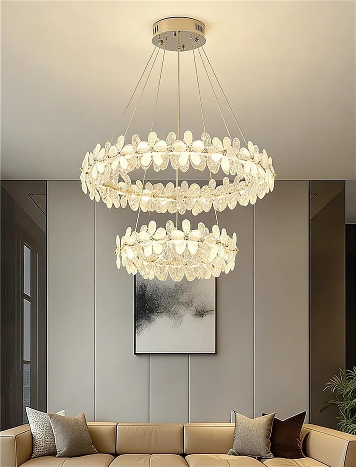 Francuski kwiatowy kryształowy żyrandol LED, nowoczesny i regulowany, eleganckie kryształowe zawieszenie (3 regulowane światła, średnica 80 x 50 cm)
